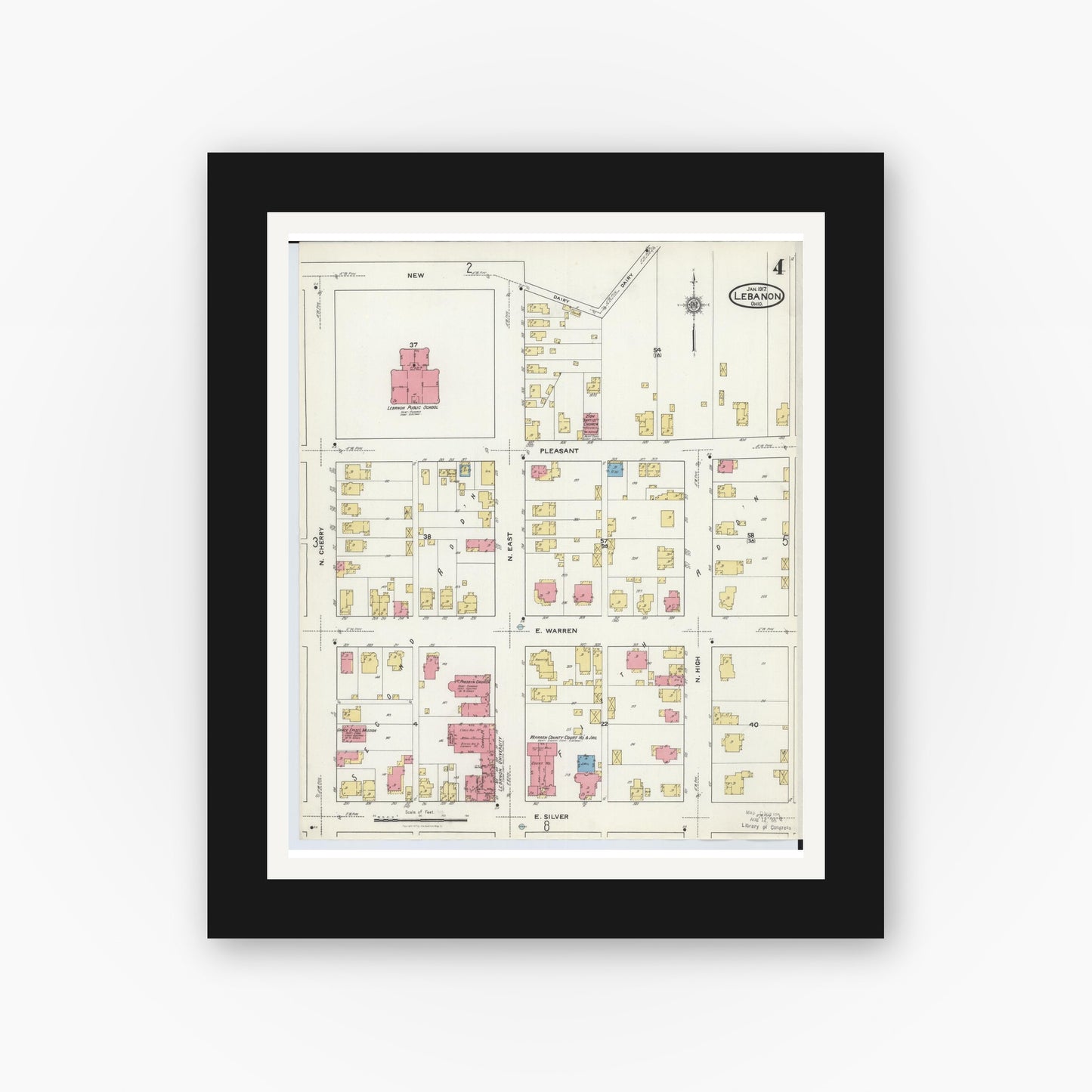 Old map wall art mockup — black gallery frame with white mat — Sanborn Fire Insurance Map from Lebanon, Warren County, Ohio (1917), Sheet #0004