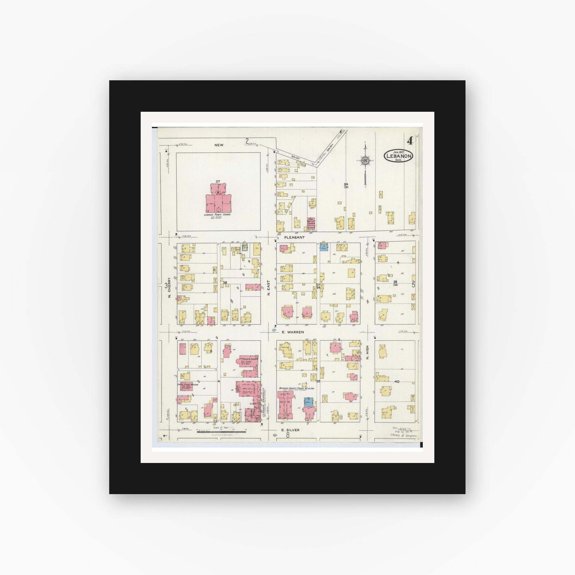 Old map wall art mockup — black gallery frame with white mat — Sanborn Fire Insurance Map from Lebanon, Warren County, Ohio (1917), Sheet #0004