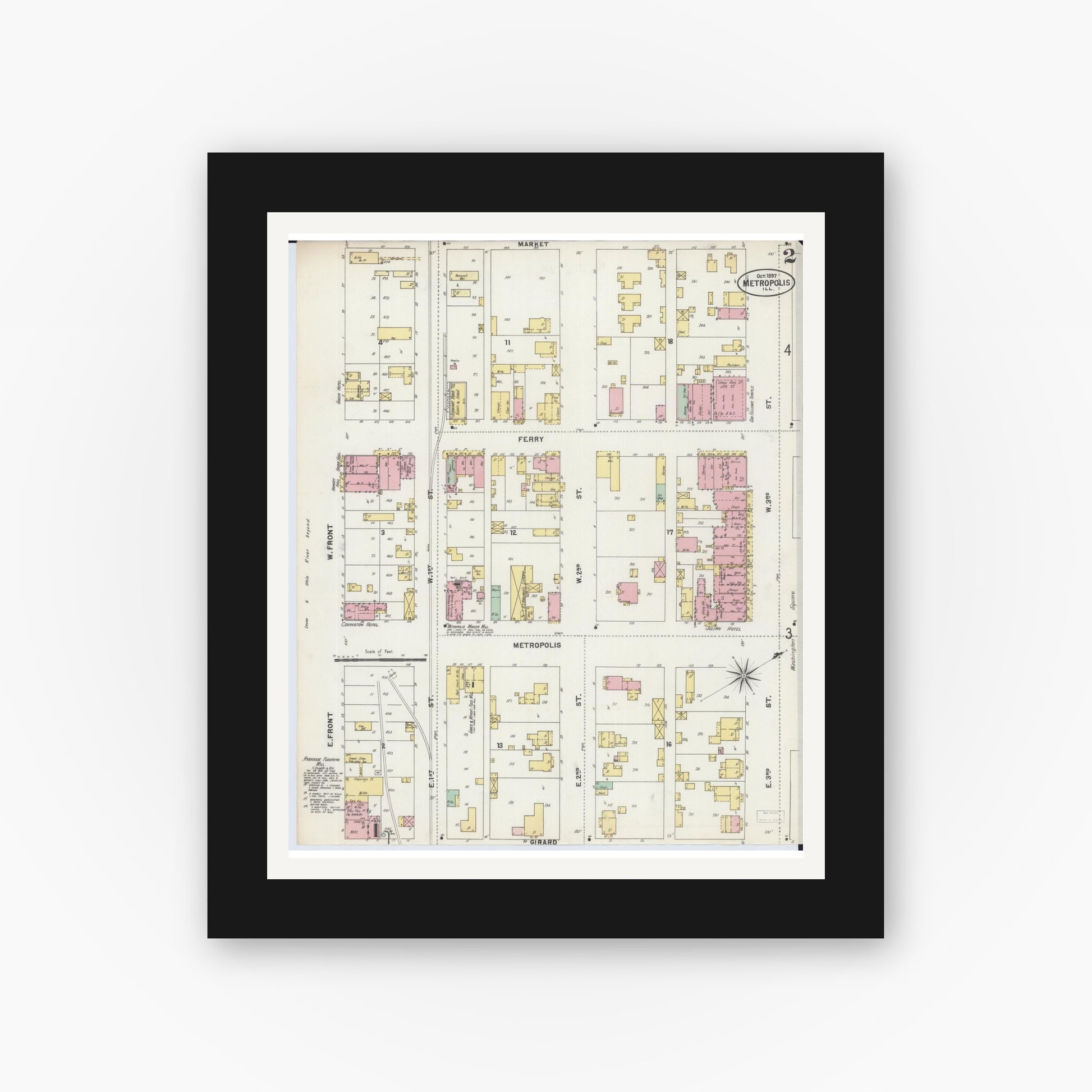 Old map wall art mockup — black gallery frame with white mat — Sanborn Fire Insurance Map from Metropolis, Massac County, Illinois (1897), Sheet #0002