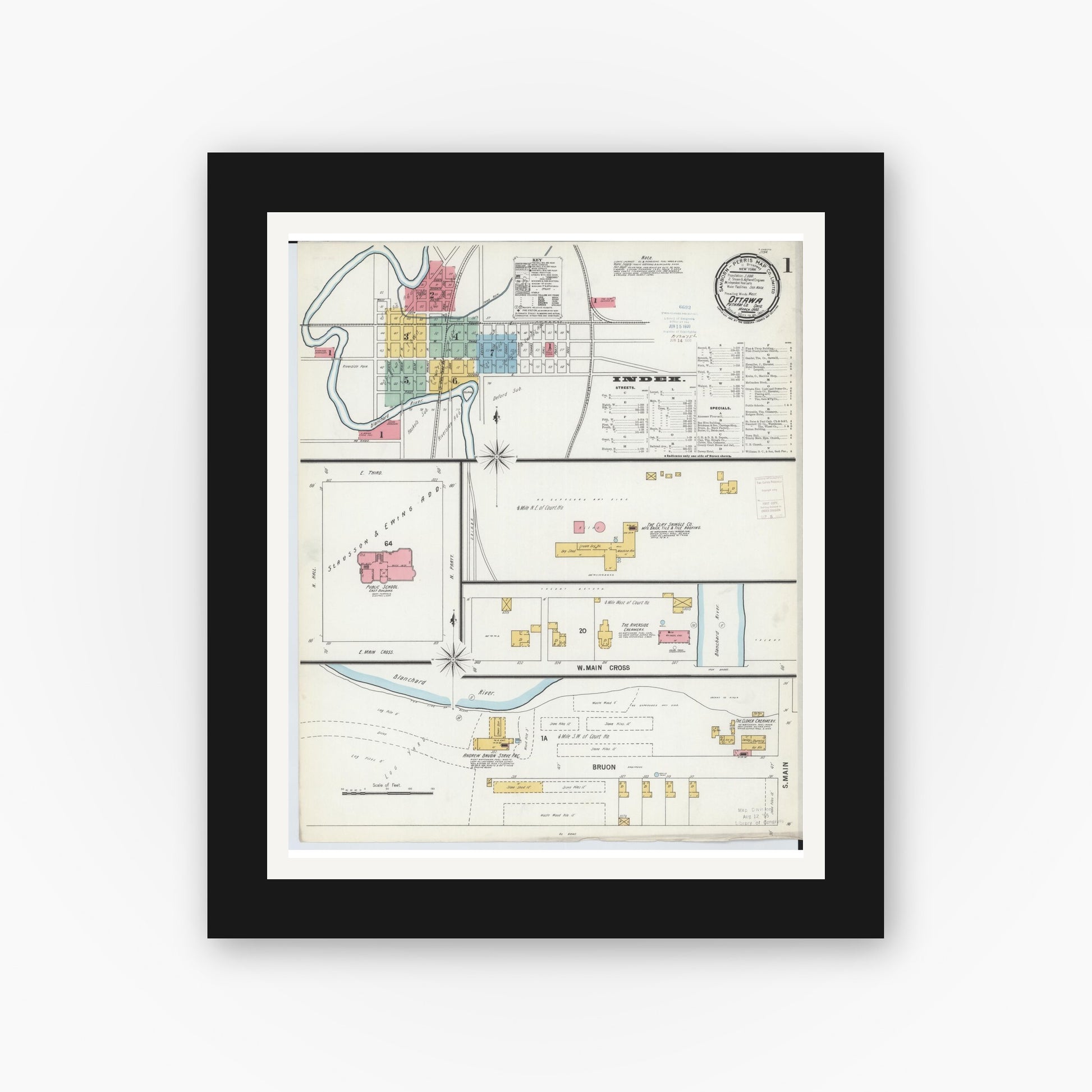 Old map wall art mockup — black gallery frame with white mat — Sanborn Fire Insurance Map from Ottawa, Putnam County, Ohio (1900), Sheet #0001
