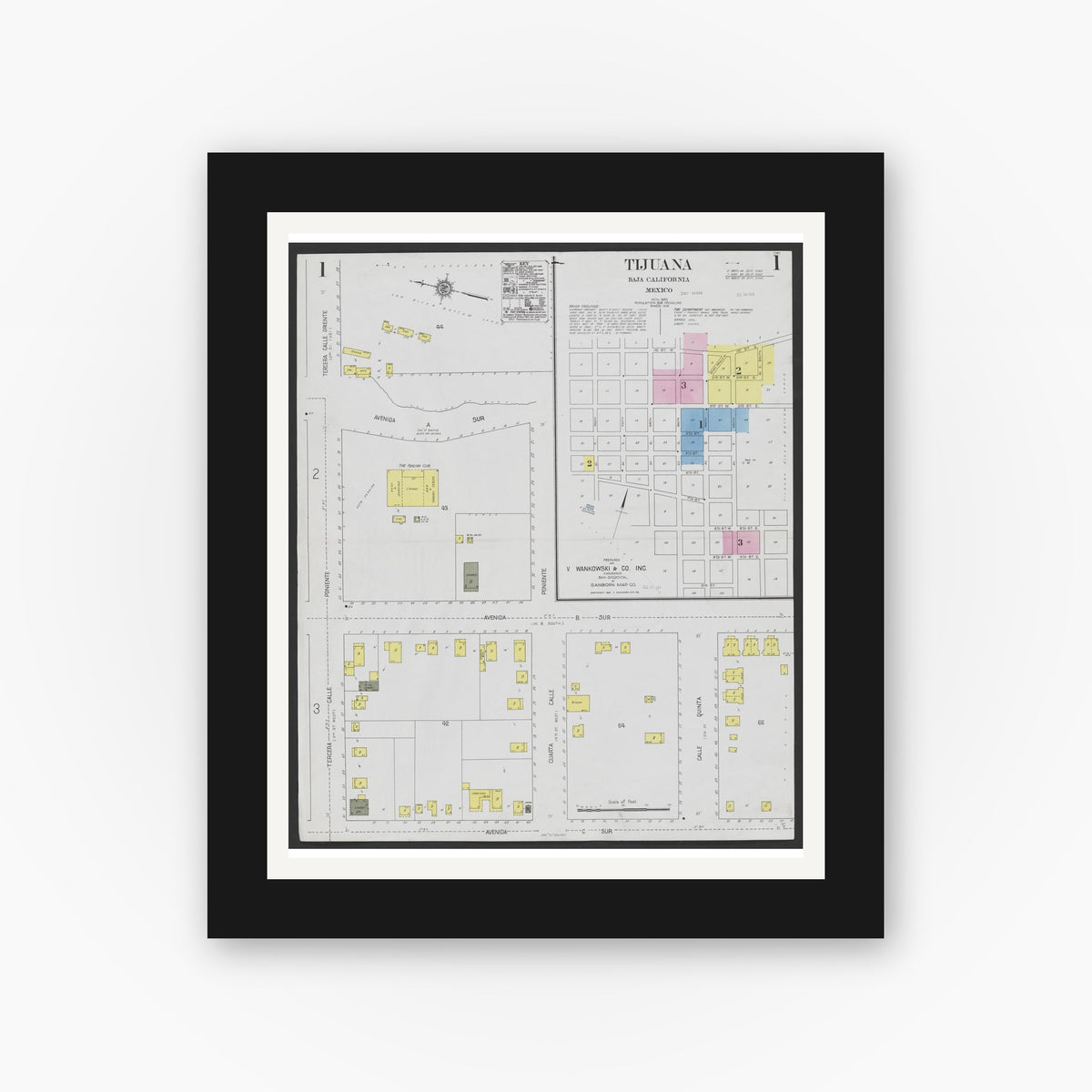 Old map wall art mockup — black gallery frame with white mat — Sanborn Fire Insurance Map from Tijuana, Baja California (Mexico) (1924) - Complete Map Set