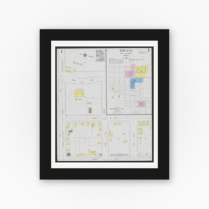 Old map wall art mockup — black gallery frame with white mat — Sanborn Fire Insurance Map from Tijuana, Baja California (Mexico) (1924) - Complete Map Set