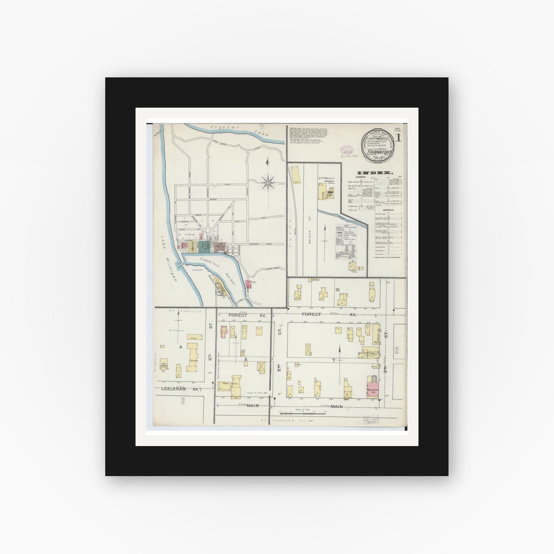 Old map wall art mockup — black gallery frame with white mat — Sanborn Fire Insurance Map from Frankfort, Benzie County, Michigan (1893) - Complete Map Set