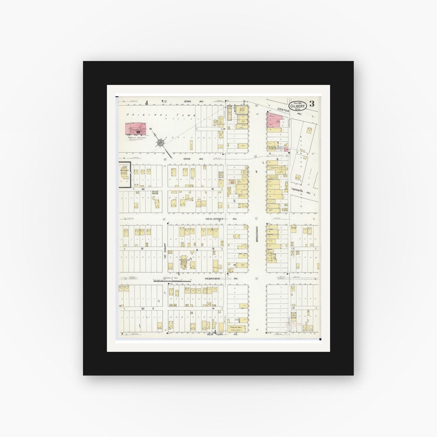Old map wall art mockup — black gallery frame with white mat — Sanborn Fire Insurance Map from Gilbert, Saint Louis County, Minnesota (1912), Sheet #0003
