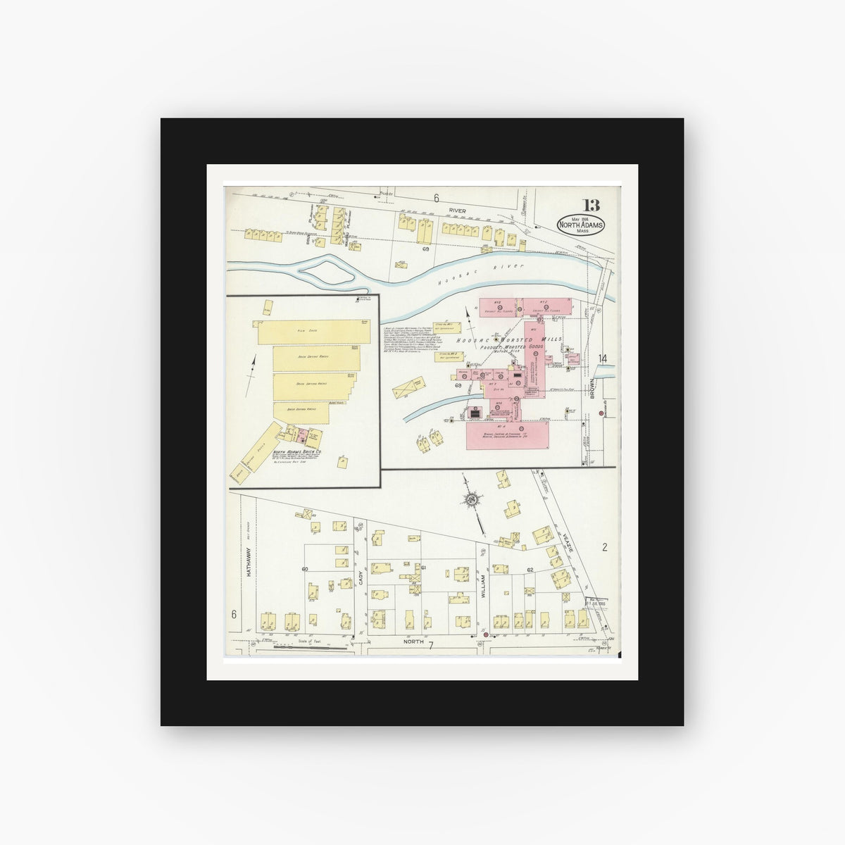 Old map wall art mockup — black gallery frame with white mat — Sanborn Fire Insurance Map from North Adams, Berkshire County, Massachusetts (1914), Sheet #0013