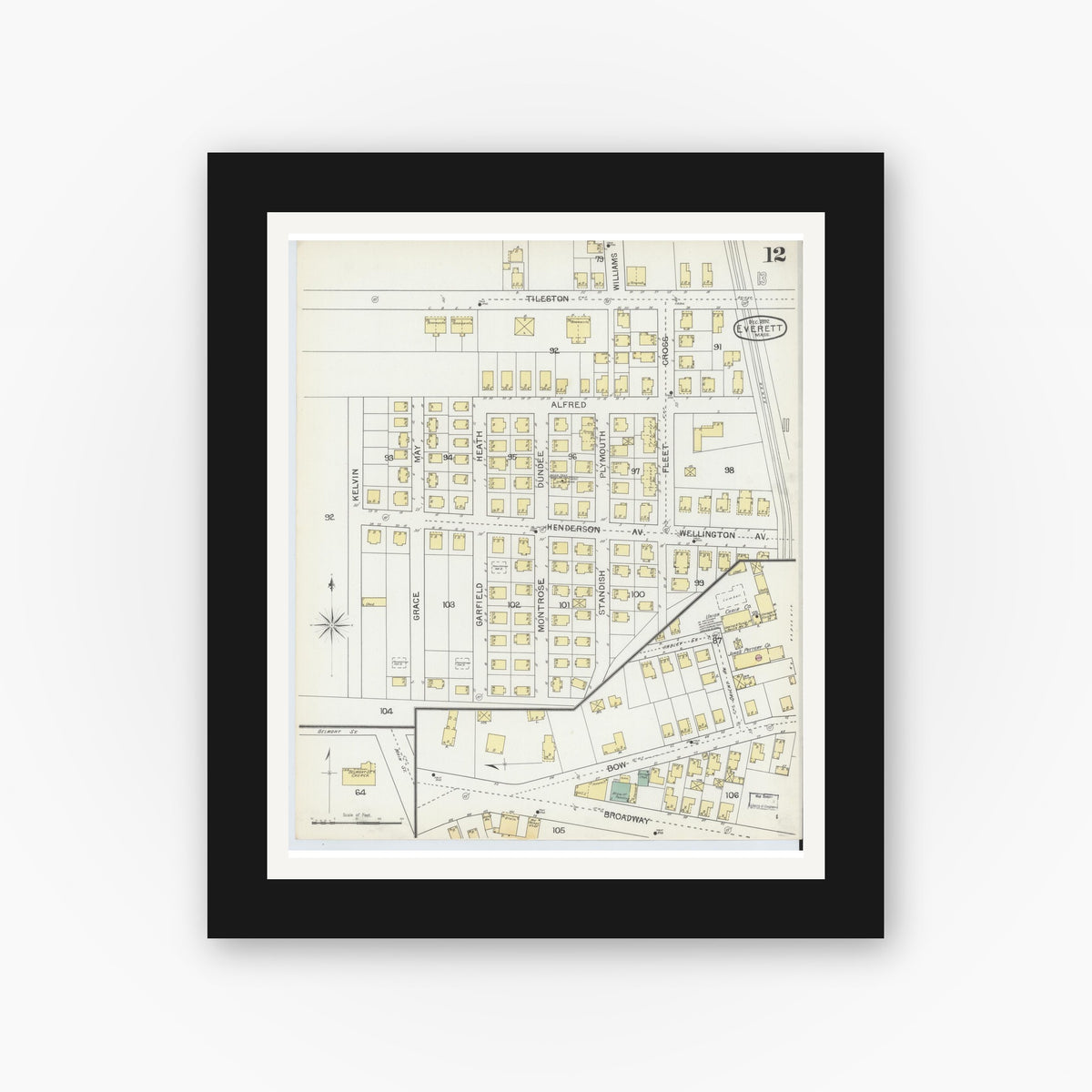 Old map wall art mockup — black gallery frame with white mat — Sanborn Fire Insurance Map from Everett, Middlesex County, Massachusetts (1892), Sheet #0012