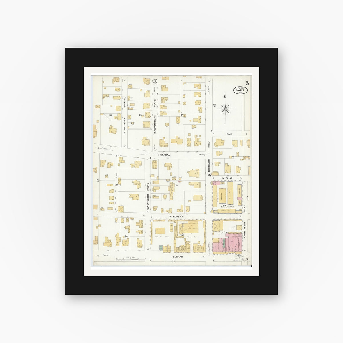 Old map wall art mockup — black gallery frame with white mat — Sanborn Fire Insurance Map from Paris, Lamar County, Texas (1908), Sheet #0005