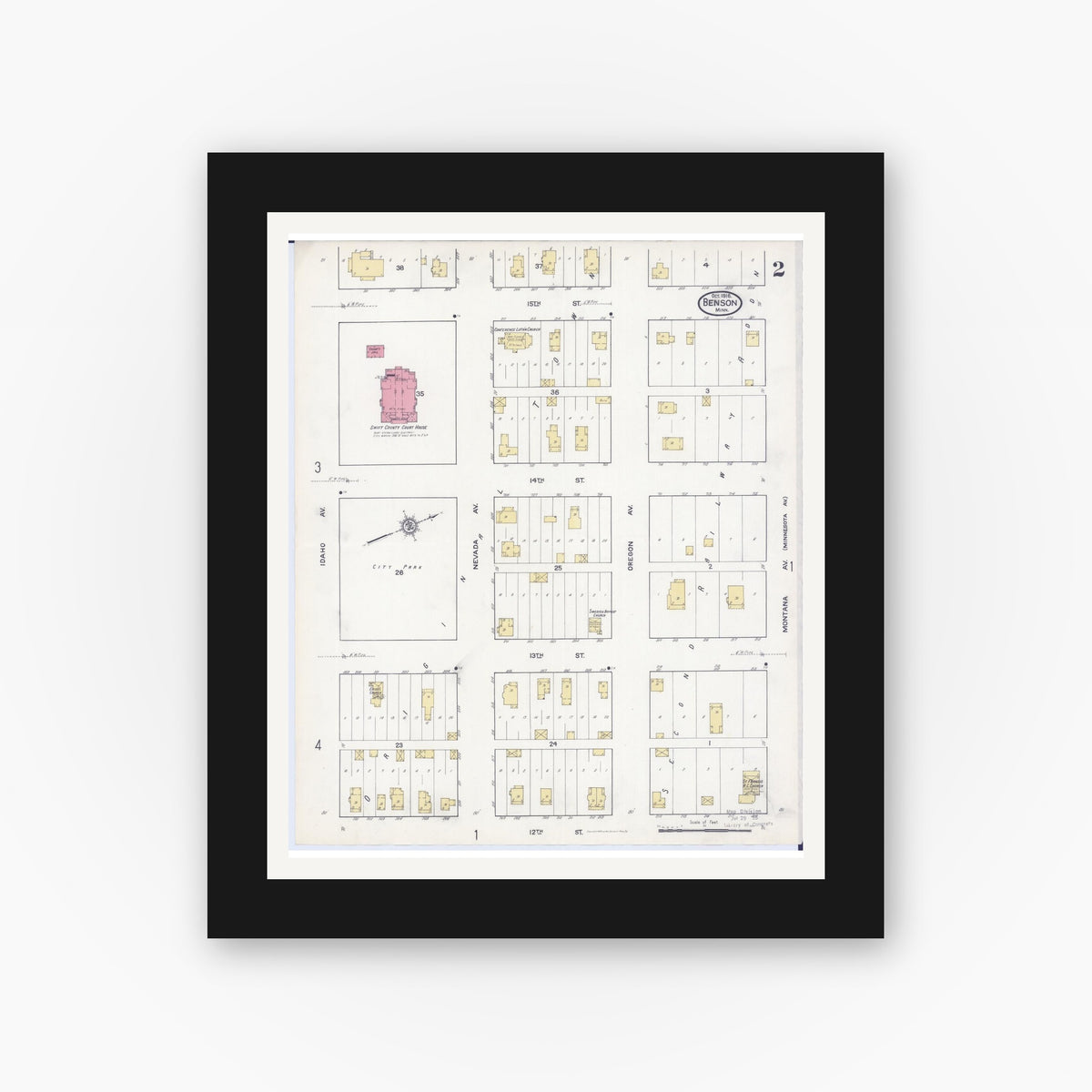 Old map wall art mockup — black gallery frame with white mat — Sanborn Fire Insurance Map from Benson, Swift County, Minnesota (1916), Sheet #0002