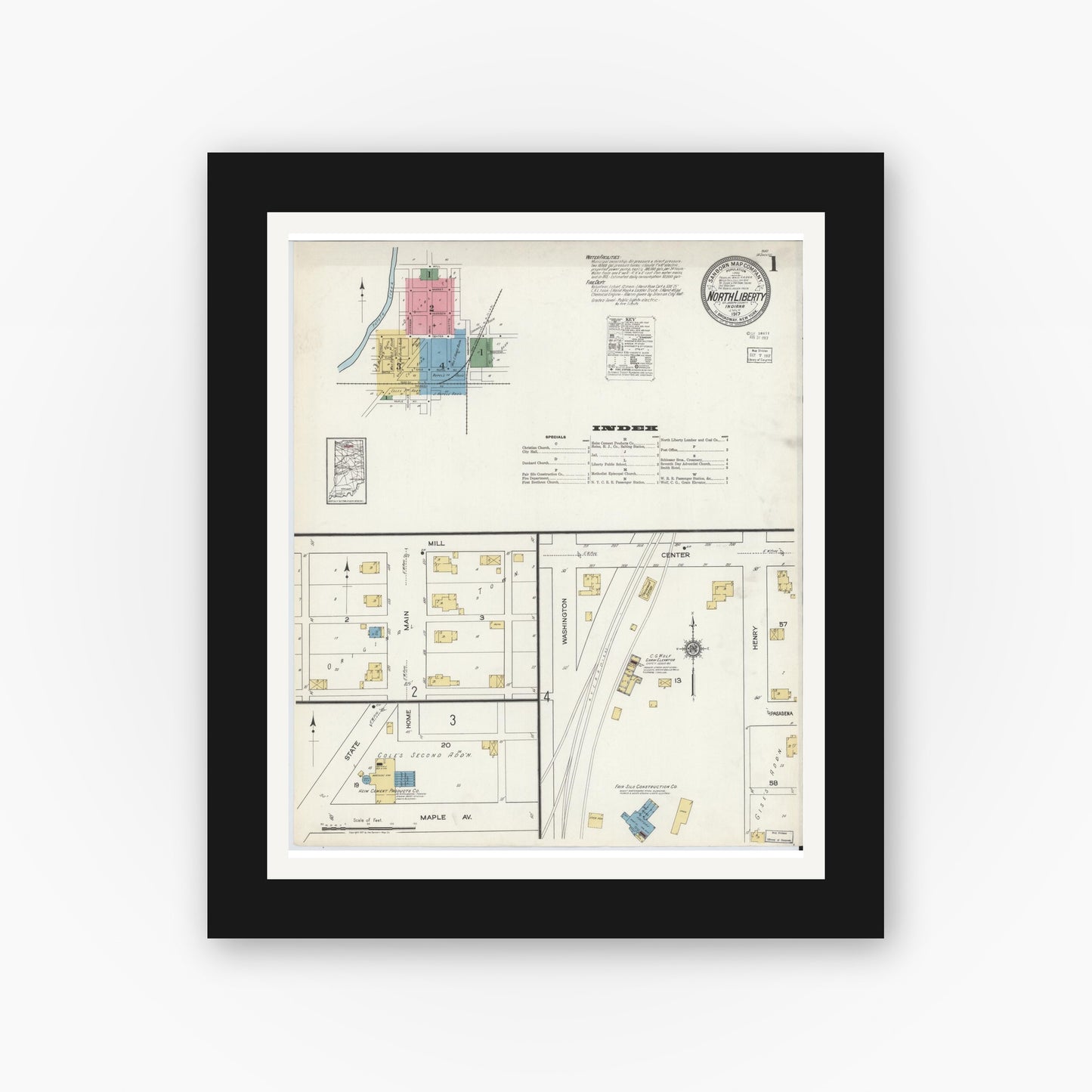 Old map wall art mockup — black gallery frame with white mat — Sanborn Fire Insurance Map from North Liberty, Saint Joseph County, Indiana (1917) - Complete Map Set