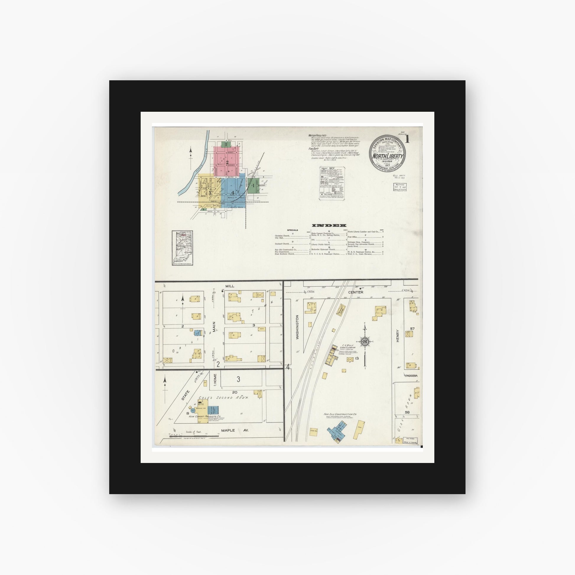 Old map wall art mockup — black gallery frame with white mat — Sanborn Fire Insurance Map from North Liberty, Saint Joseph County, Indiana (1917) - Complete Map Set