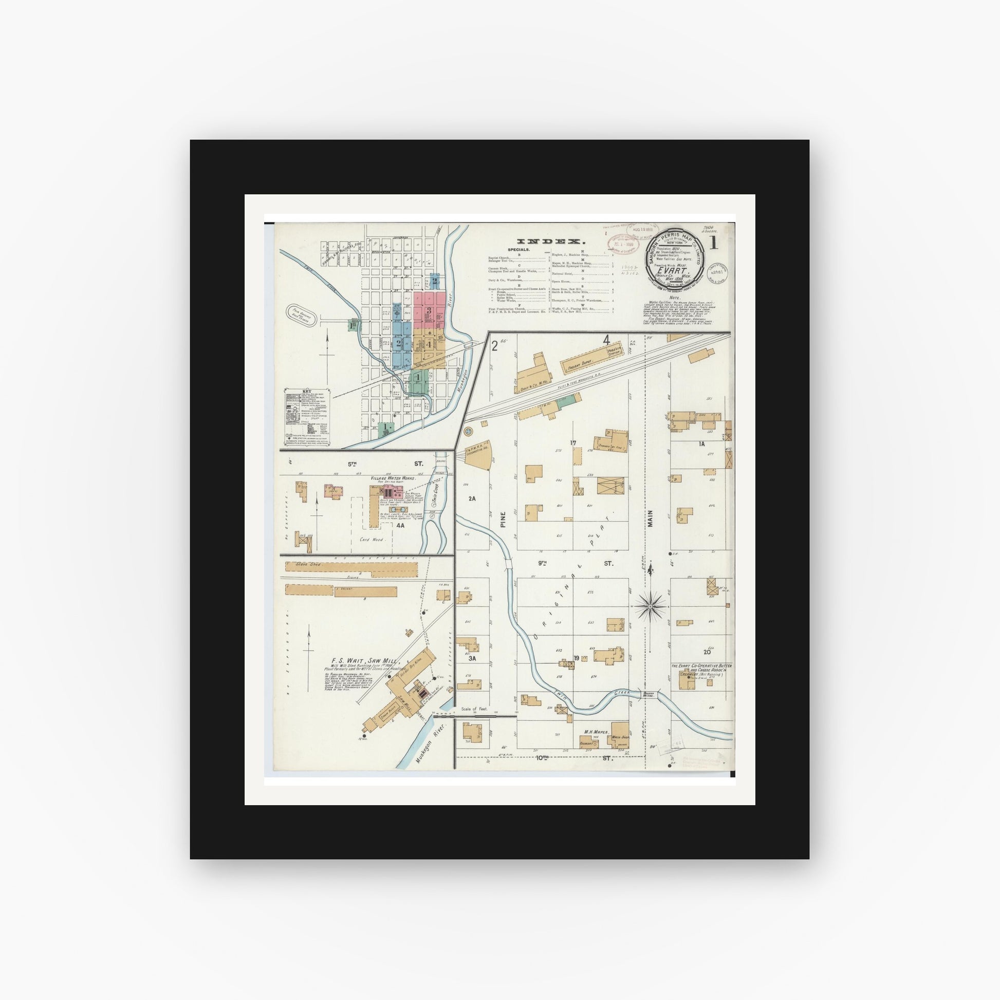 Old map wall art mockup — black gallery frame with white mat — Sanborn Fire Insurance Map from Evart, Osceola County, Michigan (1899) - Complete Map Set