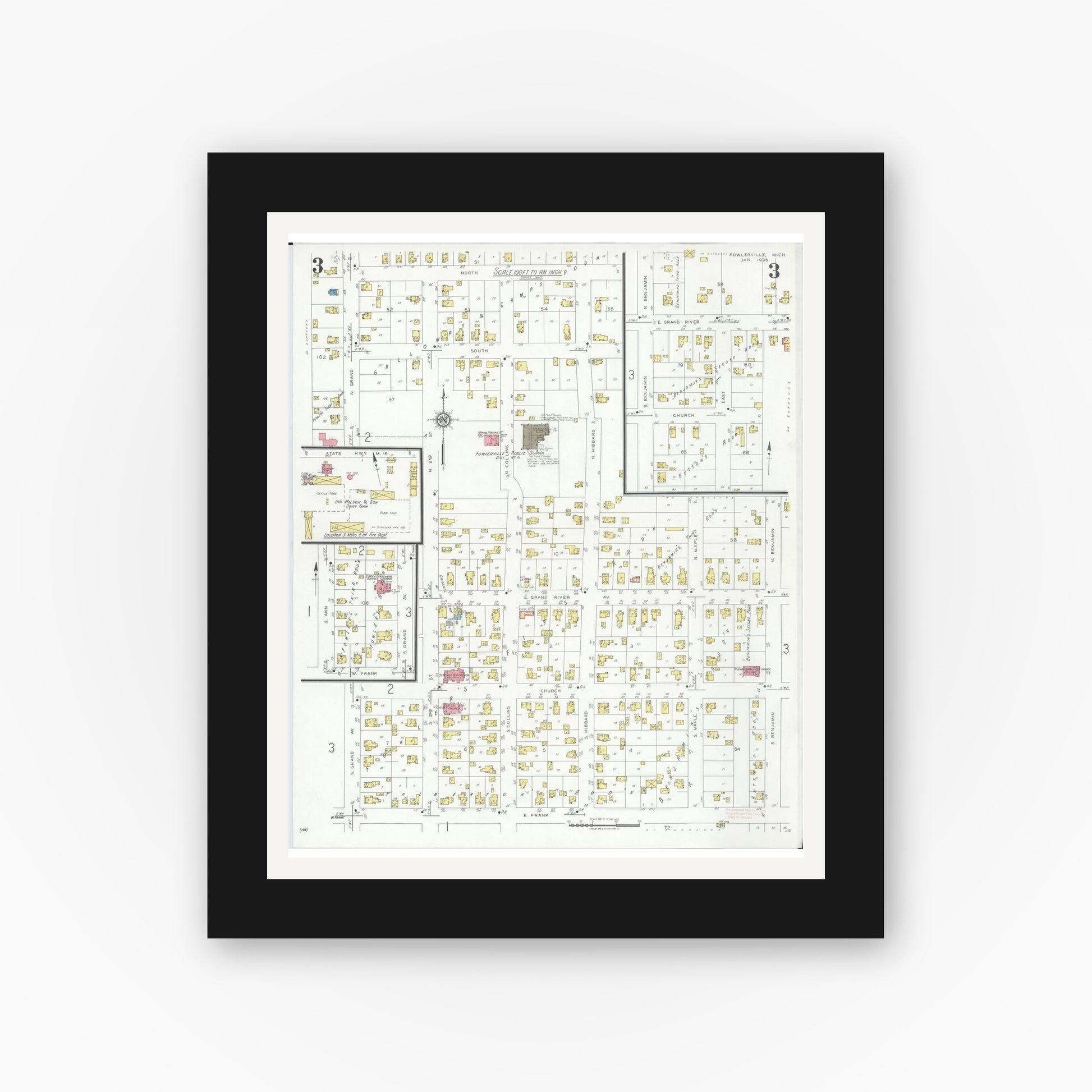 Old map wall art mockup — black gallery frame with white mat — Sanborn Fire Insurance Map from Fowlerville, Livingston County, Michigan (1935), Sheet #0003
