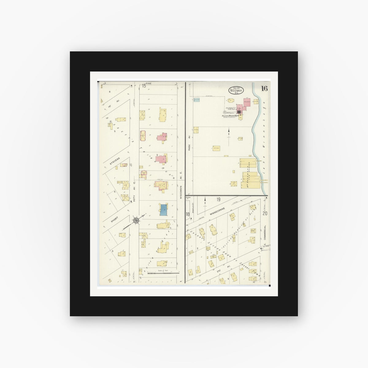 Old map wall art mockup — black gallery frame with white mat — Sanborn Fire Insurance Map from Neenah, Winnebago County, Wisconsin (1913), Sheet #0016