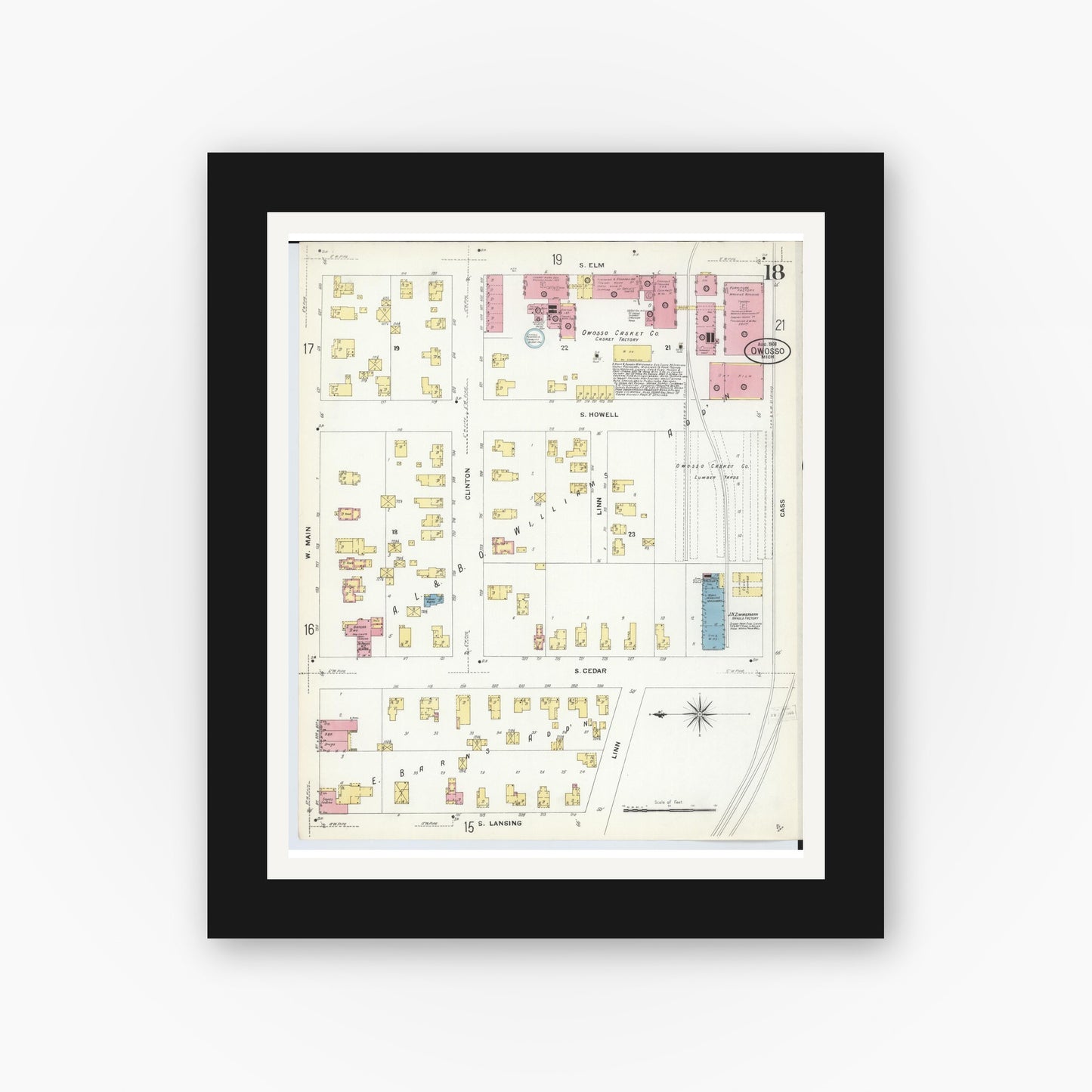Old map wall art mockup — black gallery frame with white mat — Sanborn Fire Insurance Map from Owosso, Shiawassee County, Michigan (1908), Sheet #0018