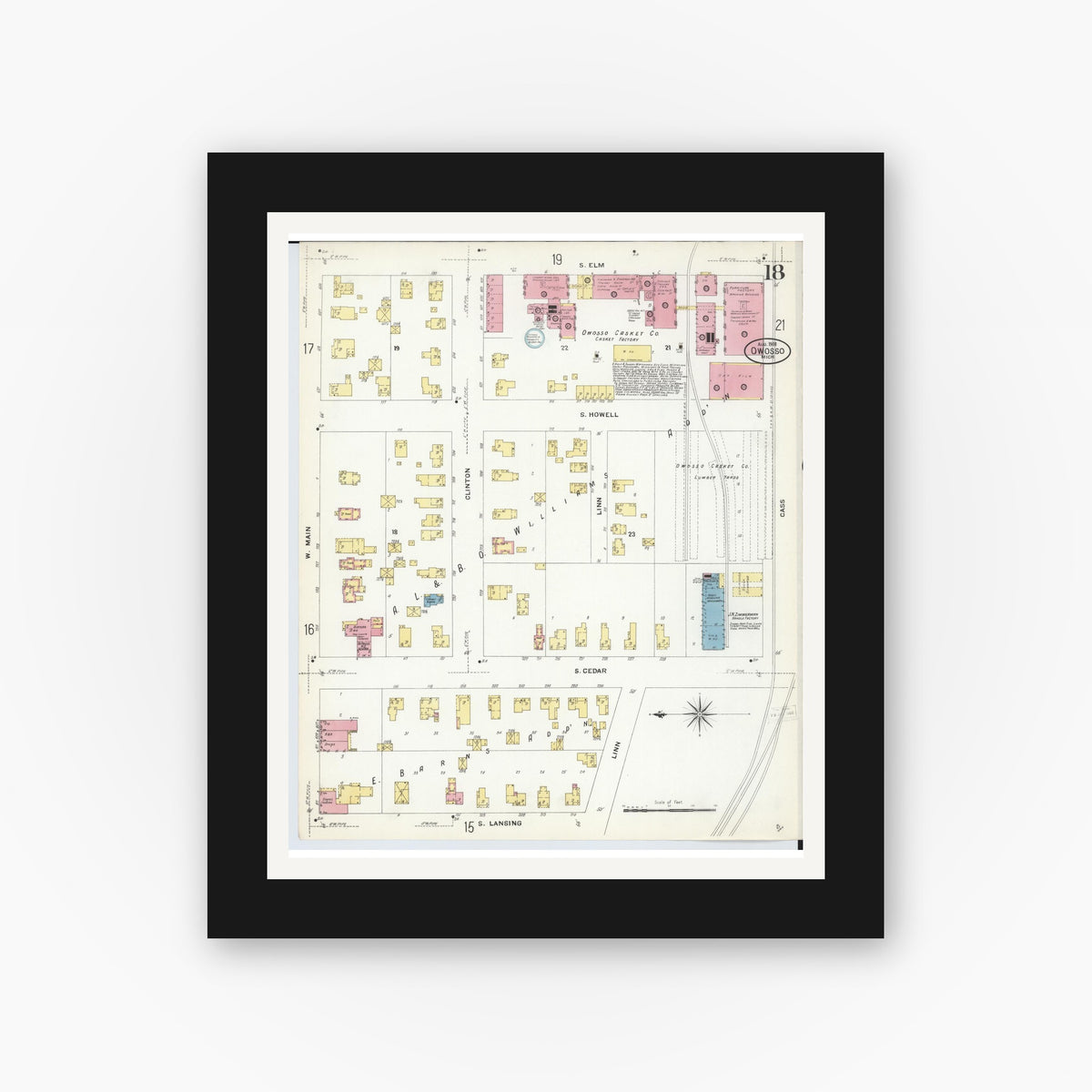 Old map wall art mockup — black gallery frame with white mat — Sanborn Fire Insurance Map from Owosso, Shiawassee County, Michigan (1908), Sheet #0018