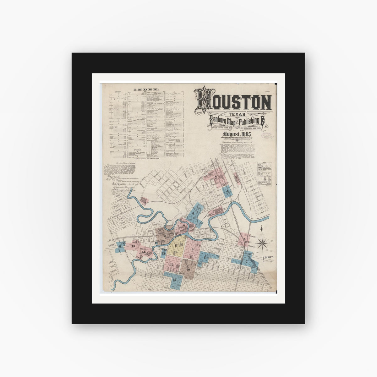 Old map wall art mockup — black gallery frame with white mat — Sanborn Fire Insurance Map from Houston, Harris County, Texas (1885) - Complete Map Set