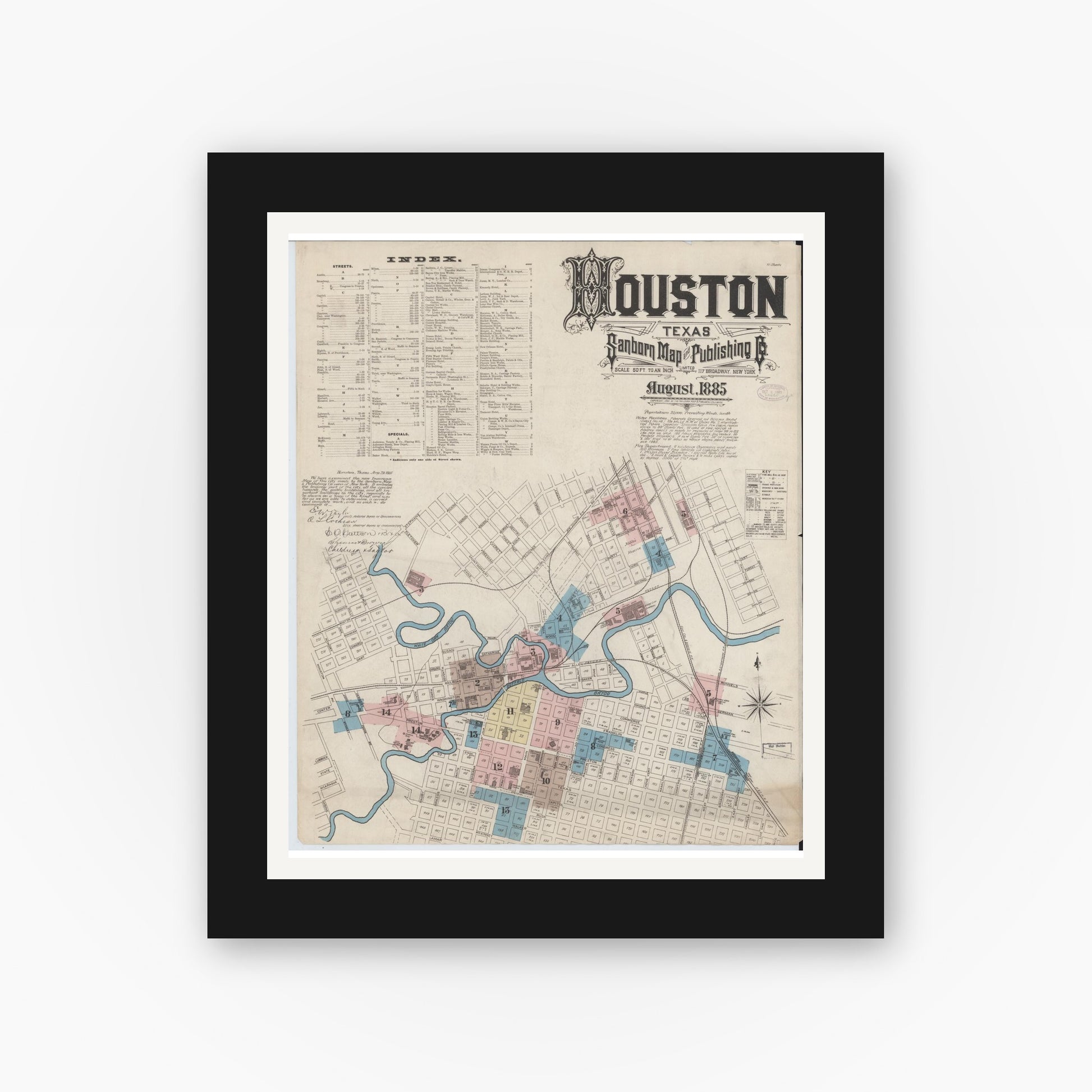 Old map wall art mockup — black gallery frame with white mat — Sanborn Fire Insurance Map from Houston, Harris County, Texas (1885) - Complete Map Set