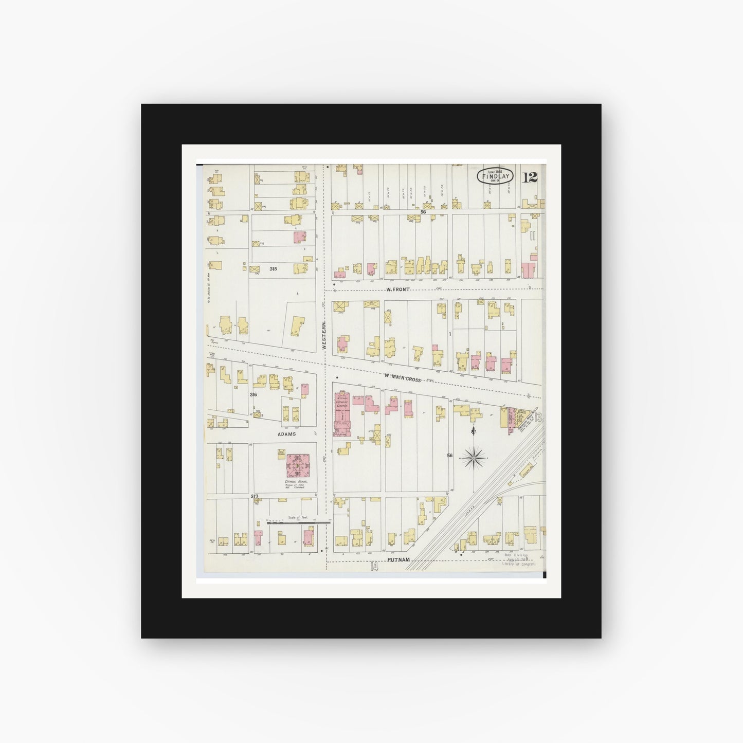 Old map wall art mockup — black gallery frame with white mat — Sanborn Fire Insurance Map from Findlay, Hancock County, Ohio (1895), Sheet #0012