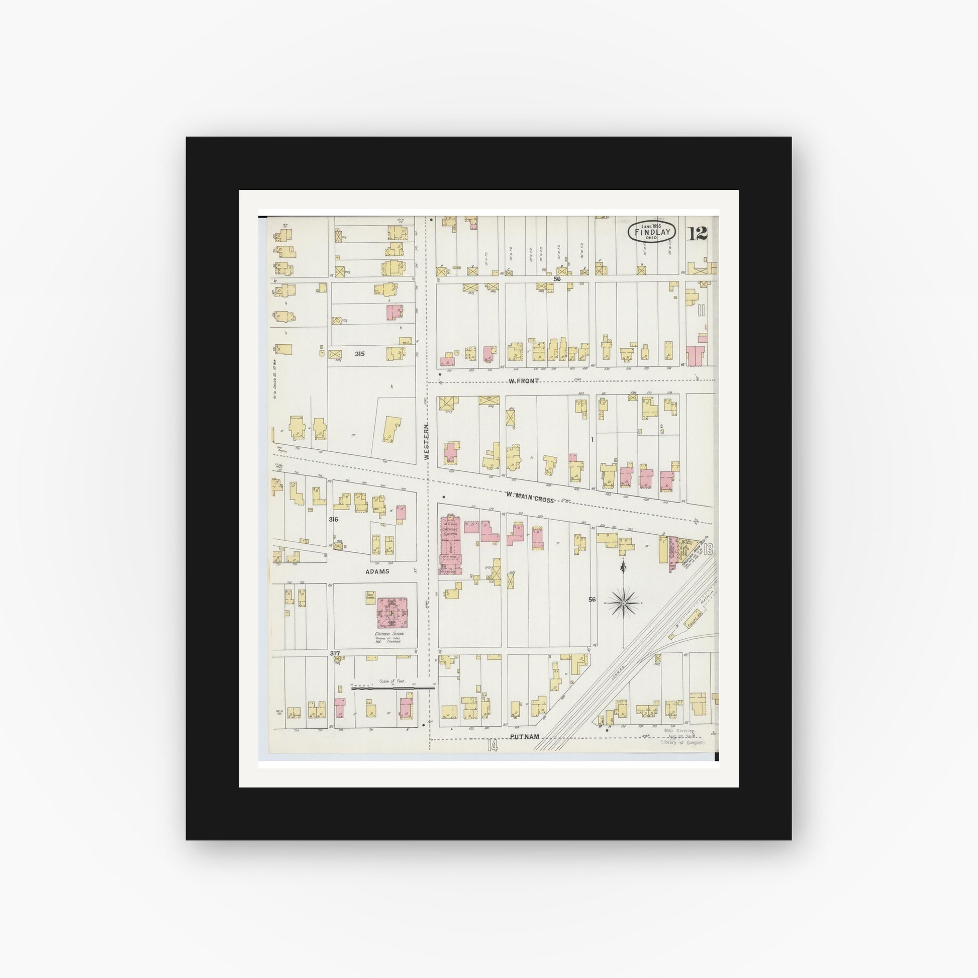 Old map wall art mockup — black gallery frame with white mat — Sanborn Fire Insurance Map from Findlay, Hancock County, Ohio (1895), Sheet #0012