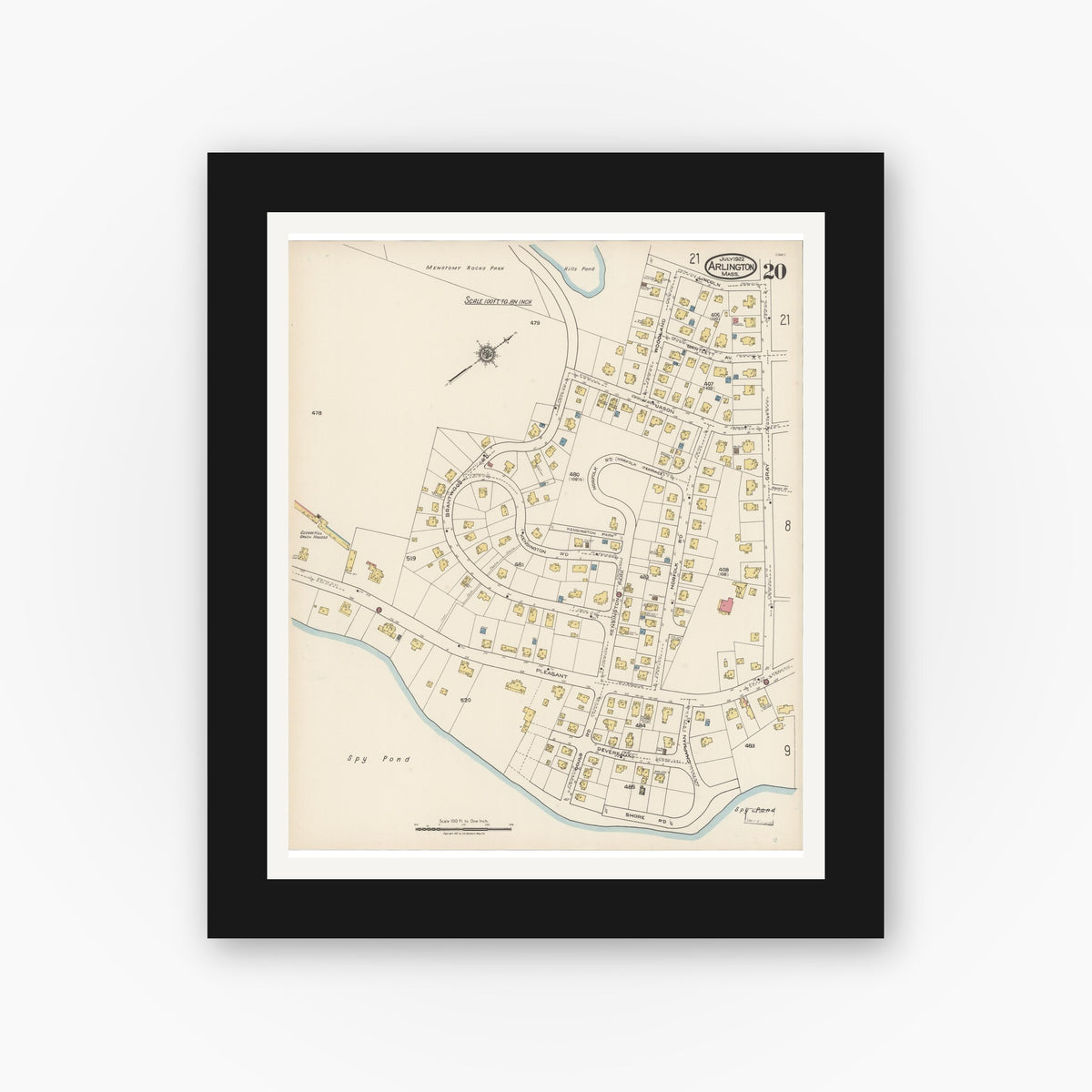 Old map wall art mockup — black gallery frame with white mat — Sanborn Fire Insurance Map from Arlington, Middlesex County, Massachusetts (1922), Sheet #0020