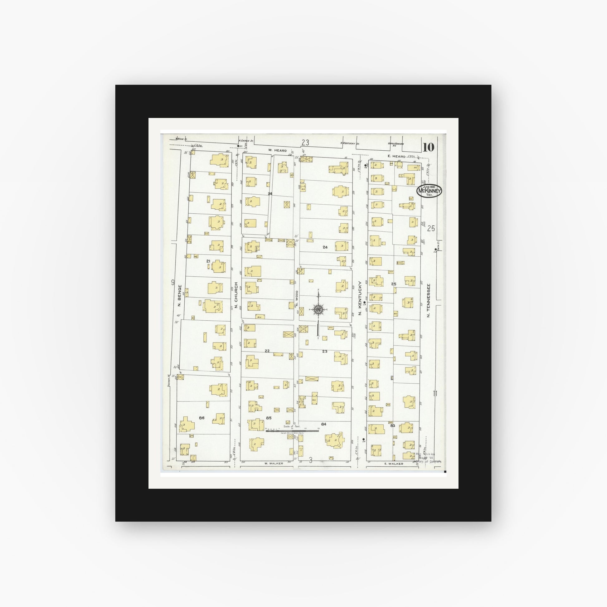 Old map wall art mockup — black gallery frame with white mat — Sanborn Fire Insurance Map from McKinney, Collin County, Texas (1920), Sheet #0010