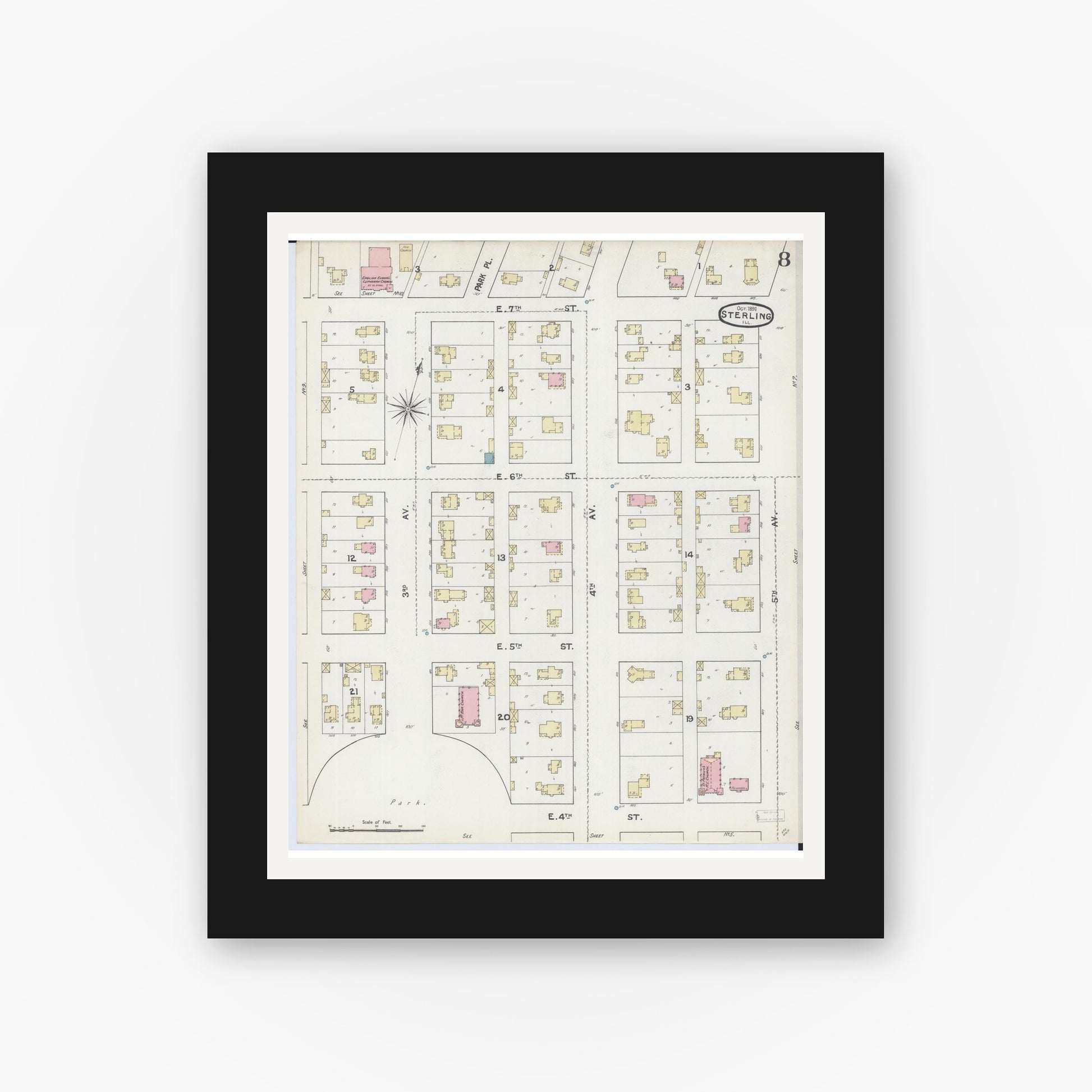 Old map wall art mockup — black gallery frame with white mat — Sanborn Fire Insurance Map from Sterling, Whiteside County, Illinois (1891), Sheet #0008