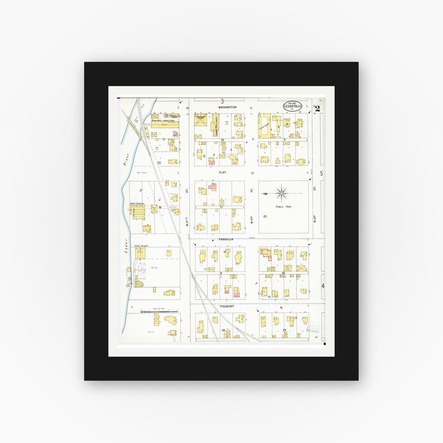 Old map wall art mockup — black gallery frame with white mat — Sanborn Fire Insurance Map from Cedar Falls, Black Hawk County, Iowa (1900), Sheet #0002