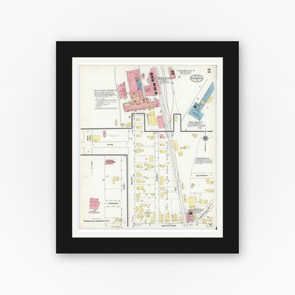 Old map wall art mockup — black gallery frame with white mat — Sanborn Fire Insurance Map from Edinburg, Johnson And Bartholomew Counties, Indiana (1910), Sheet #0002