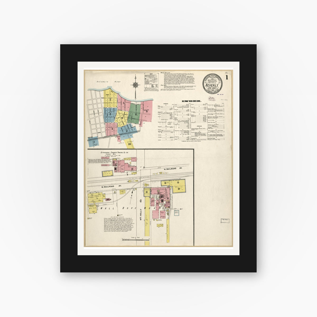 Old map wall art mockup — black gallery frame with white mat — Sanborn Fire Insurance Map from Beverly, Burlington County, New Jersey (1910), Sheet #0001