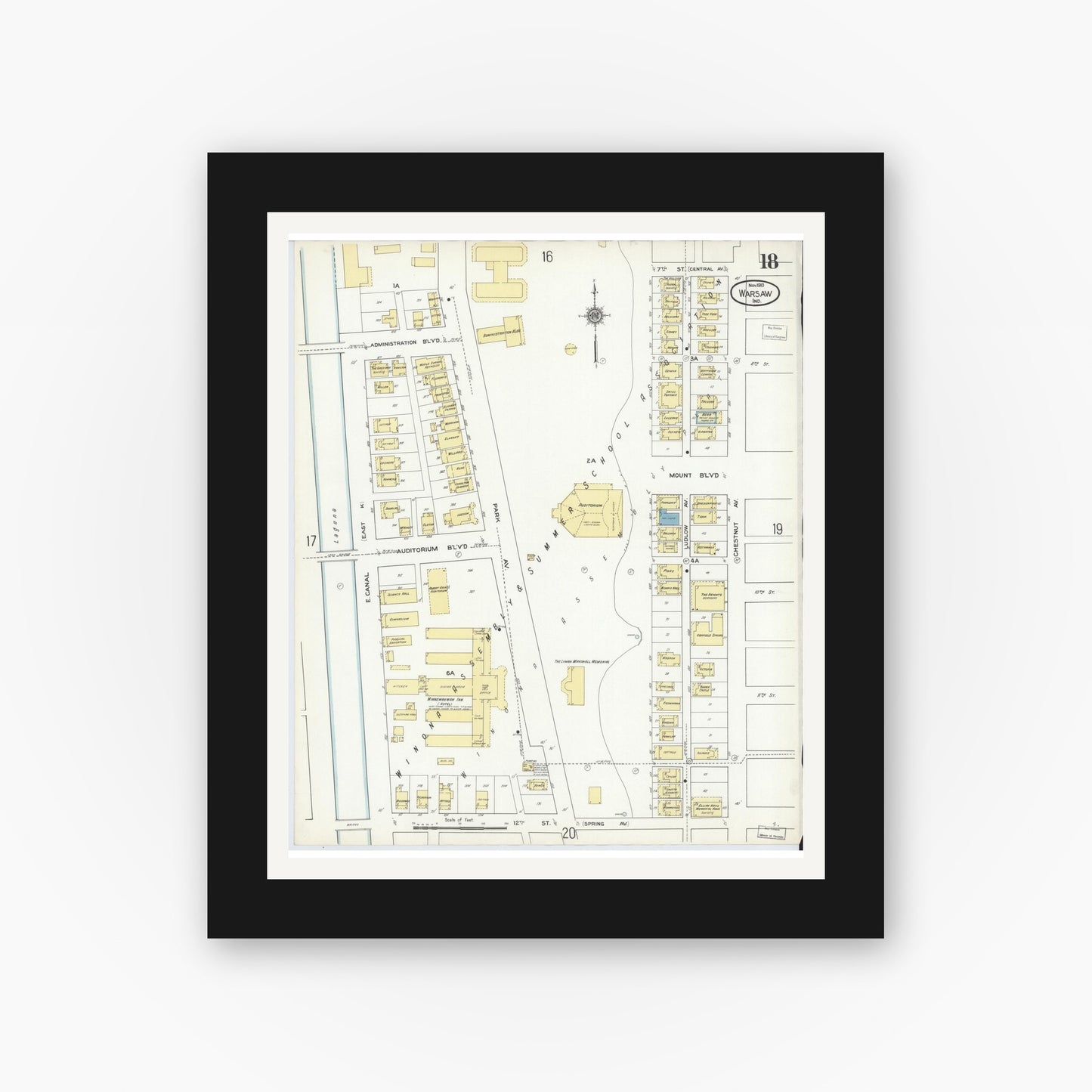 Old map wall art mockup — black gallery frame with white mat — Sanborn Fire Insurance Map from Warsaw, Kosciusko County, Indiana (1910), Sheet #0018