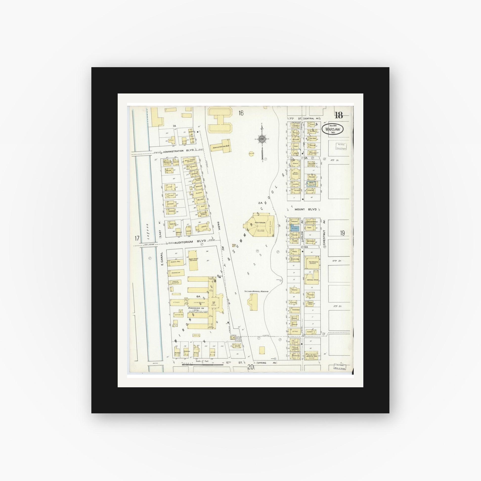 Old map wall art mockup — black gallery frame with white mat — Sanborn Fire Insurance Map from Warsaw, Kosciusko County, Indiana (1910), Sheet #0018
