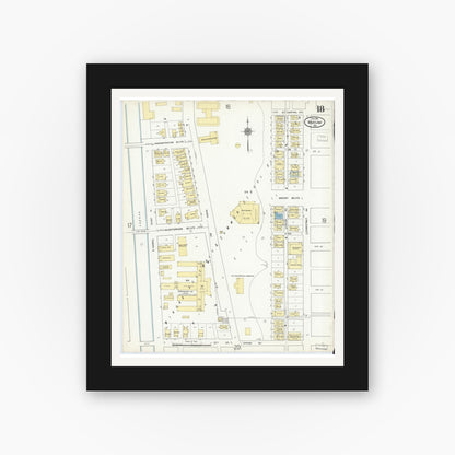 Old map wall art mockup — black gallery frame with white mat — Sanborn Fire Insurance Map from Warsaw, Kosciusko County, Indiana (1910), Sheet #0018