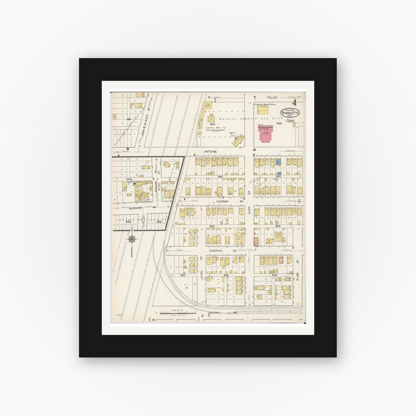 Old map wall art mockup — black gallery frame with white mat — Sanborn Fire Insurance Map from Wyandotte, Wayne County, Michigan (1922), Sheet #0004