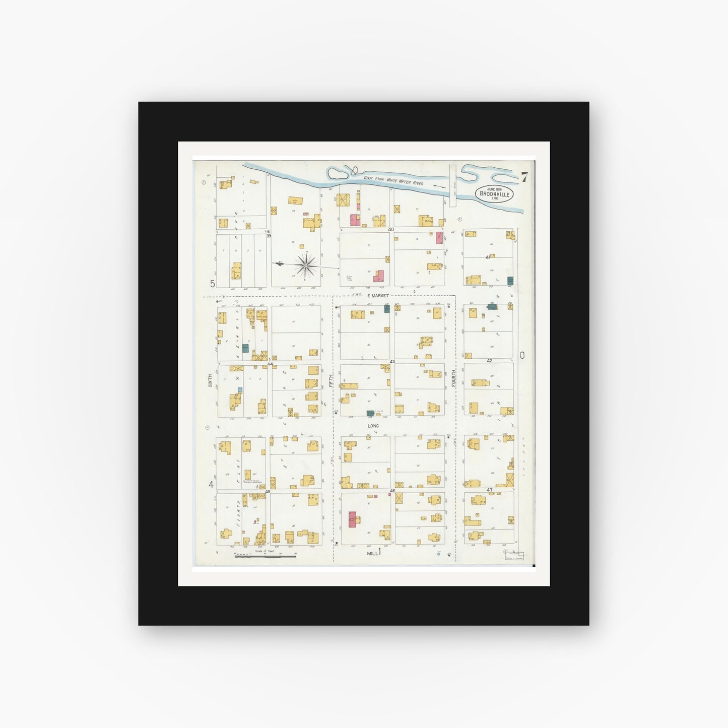 Old map wall art mockup — black gallery frame with white mat — Sanborn Fire Insurance Map from Brookville, Franklin County, Indiana (1906), Sheet #0007