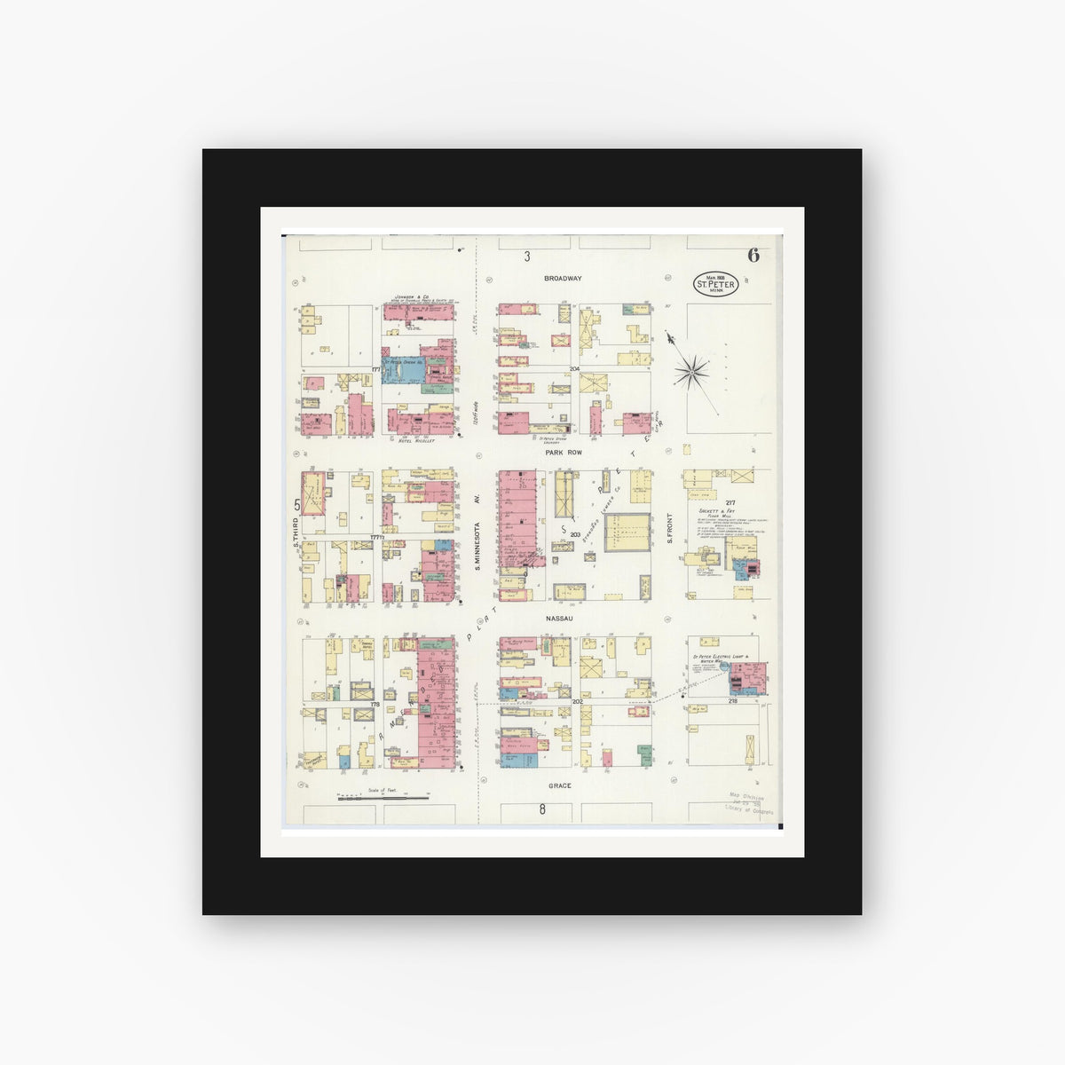 Old map wall art mockup — black gallery frame with white mat — Sanborn Fire Insurance Map from Saint Peter, Nicollet County, Minnesota (1908), Sheet #0006