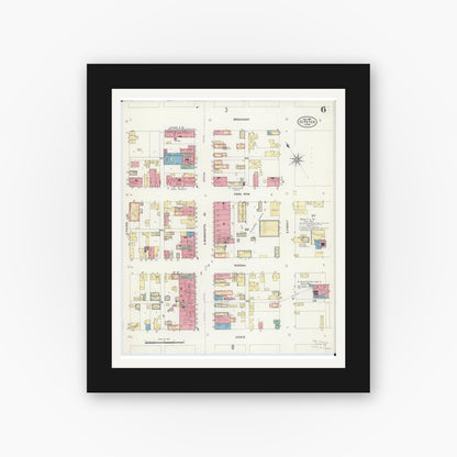 Old map wall art mockup — black gallery frame with white mat — Sanborn Fire Insurance Map from Saint Peter, Nicollet County, Minnesota (1908), Sheet #0006