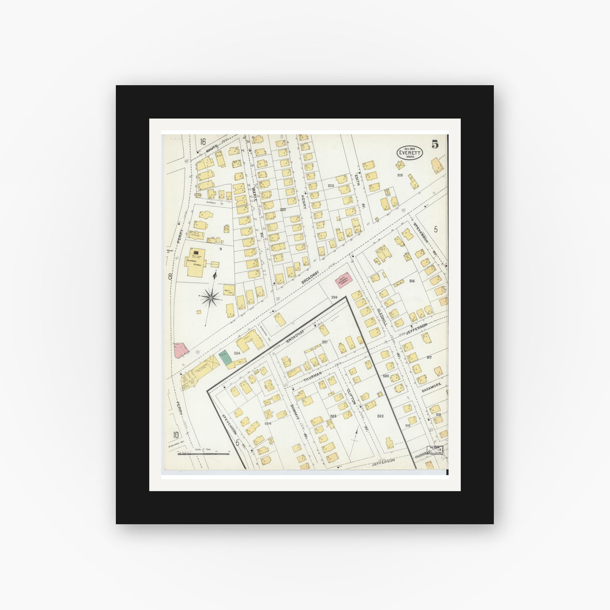 Old map wall art mockup — black gallery frame with white mat — Sanborn Fire Insurance Map from Everett, Middlesex County, Massachusetts (1903), Sheet #0005
