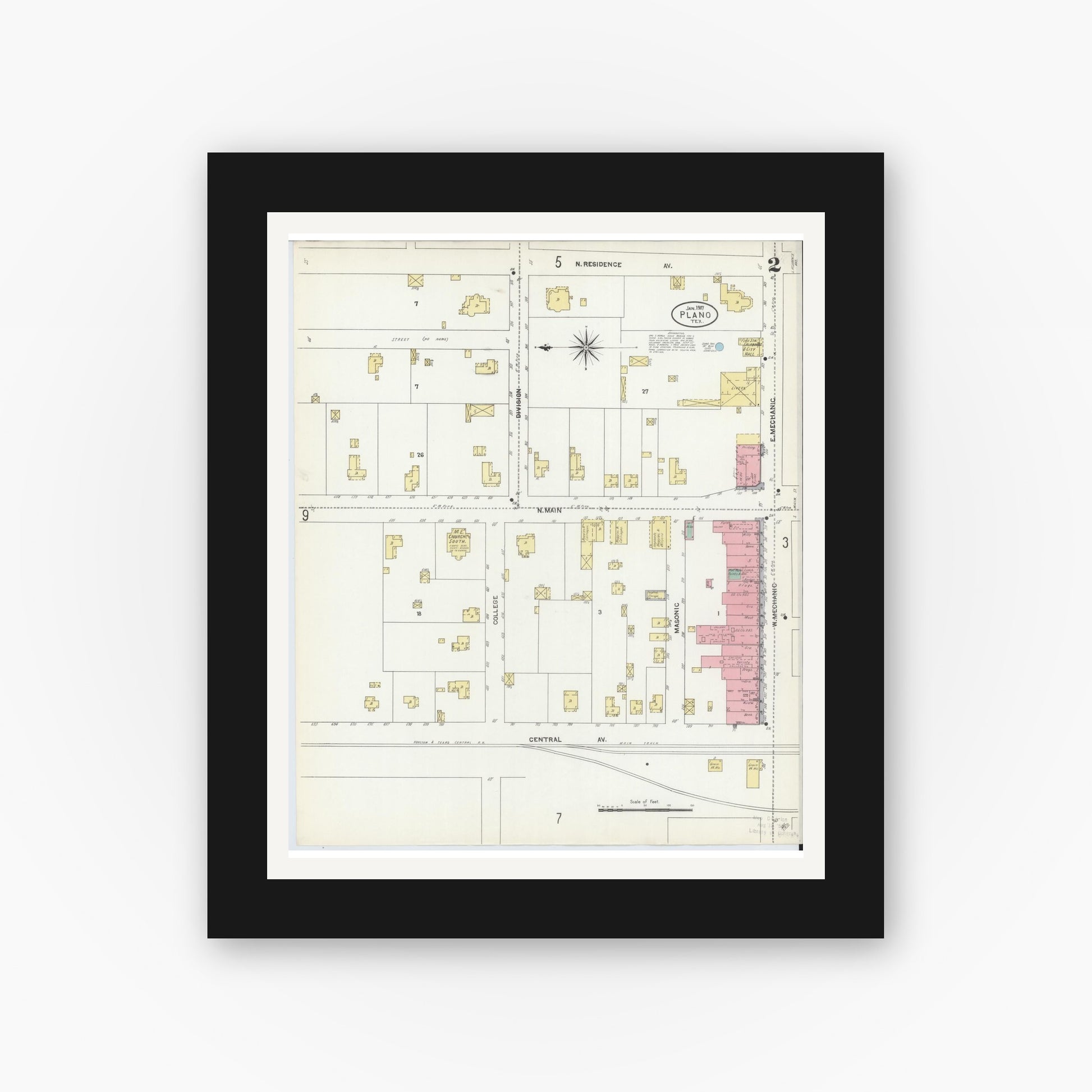 Old map wall art mockup — black gallery frame with white mat — Sanborn Fire Insurance Map from Plano, Collin County, Texas (1907), Sheet #0002