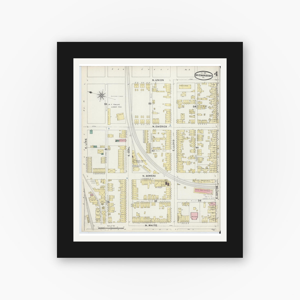 Old map wall art mockup — black gallery frame with white mat — Sanborn Fire Insurance Map from Shenandoah, Schuylkill County, Pennsylvania (1891), Sheet #0004