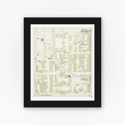 Old map wall art mockup — black gallery frame with white mat — Sanborn Fire Insurance Map from Shenandoah, Schuylkill County, Pennsylvania (1891), Sheet #0004