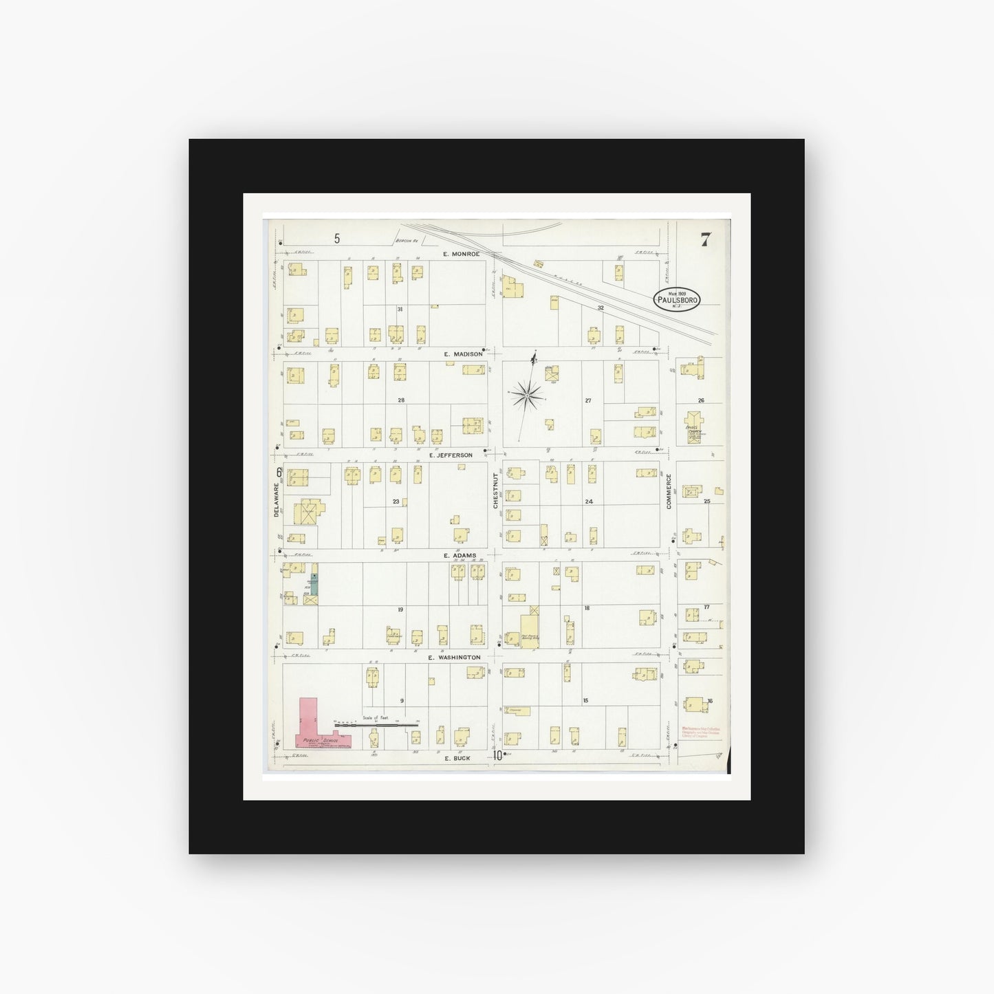 Old map wall art mockup — black gallery frame with white mat — Sanborn Fire Insurance Map from Paulsboro, Gloucester County, New Jersey (1909), Sheet #0007