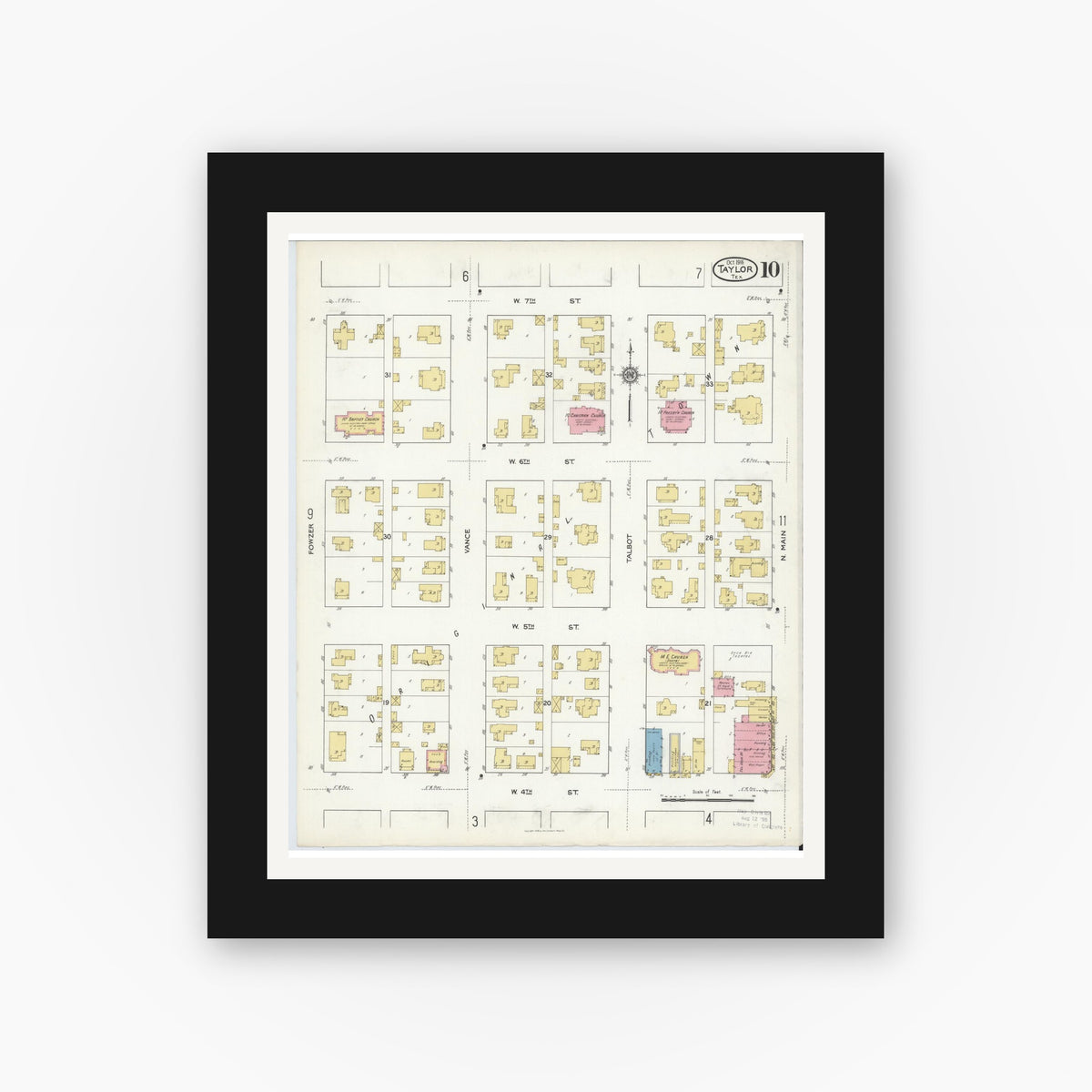 Old map wall art mockup — black gallery frame with white mat — Sanborn Fire Insurance Map from Taylor, Williamson County, Texas (1916), Sheet #0010