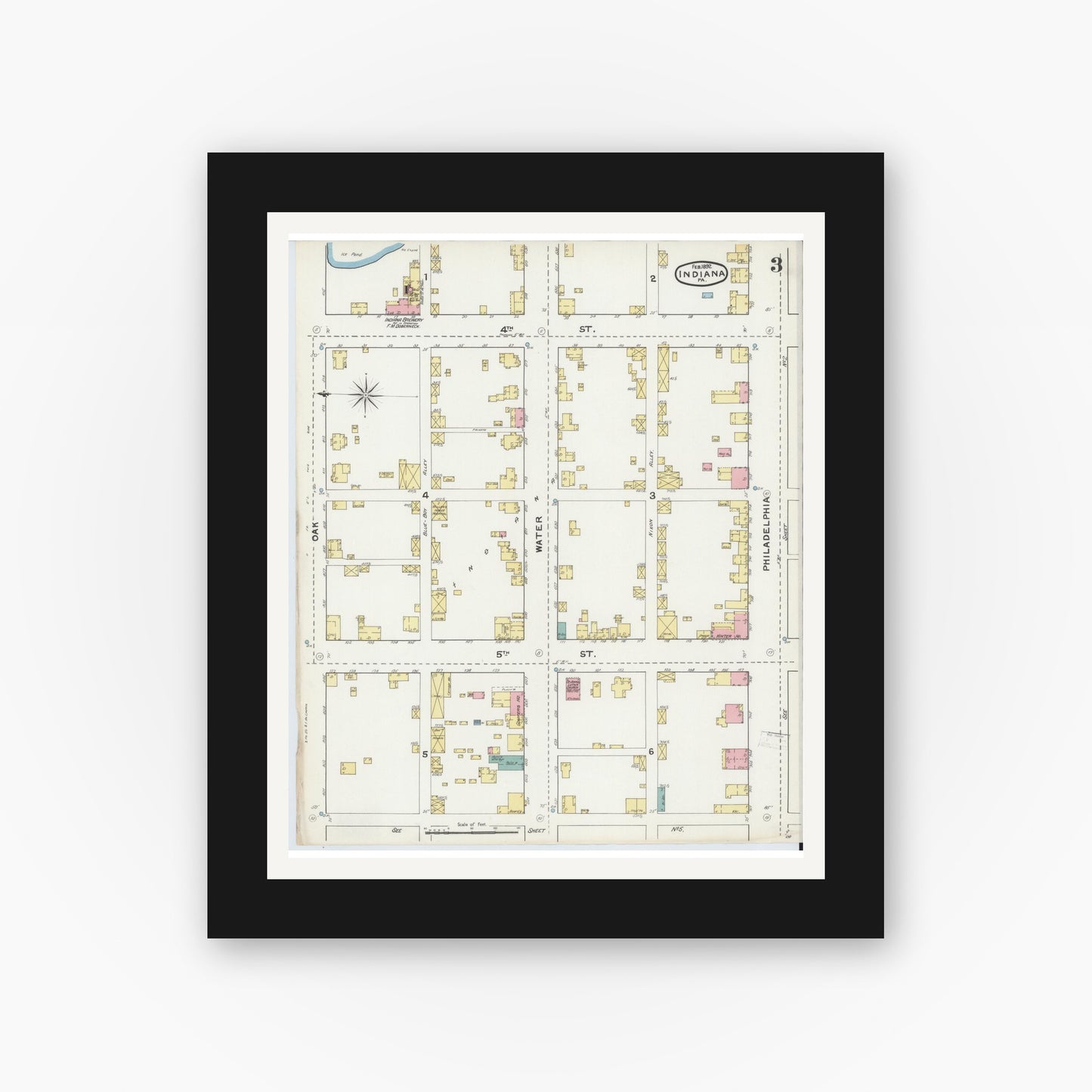 Old map wall art mockup — black gallery frame with white mat — Sanborn Fire Insurance Map from Indiana, Indiana County, Pennsylvania (1892), Sheet #0003