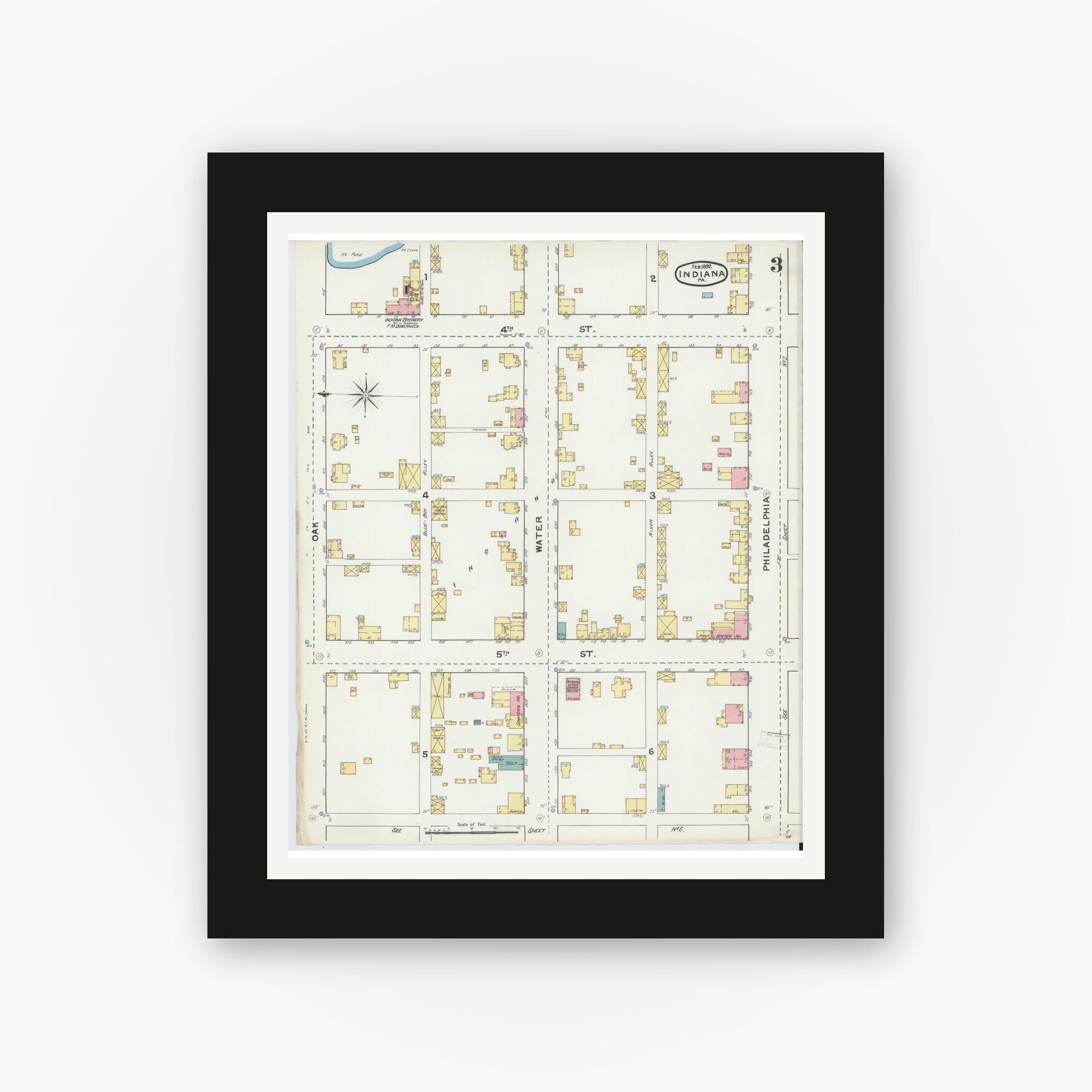 Old map wall art mockup — black gallery frame with white mat — Sanborn Fire Insurance Map from Indiana, Indiana County, Pennsylvania (1892), Sheet #0003
