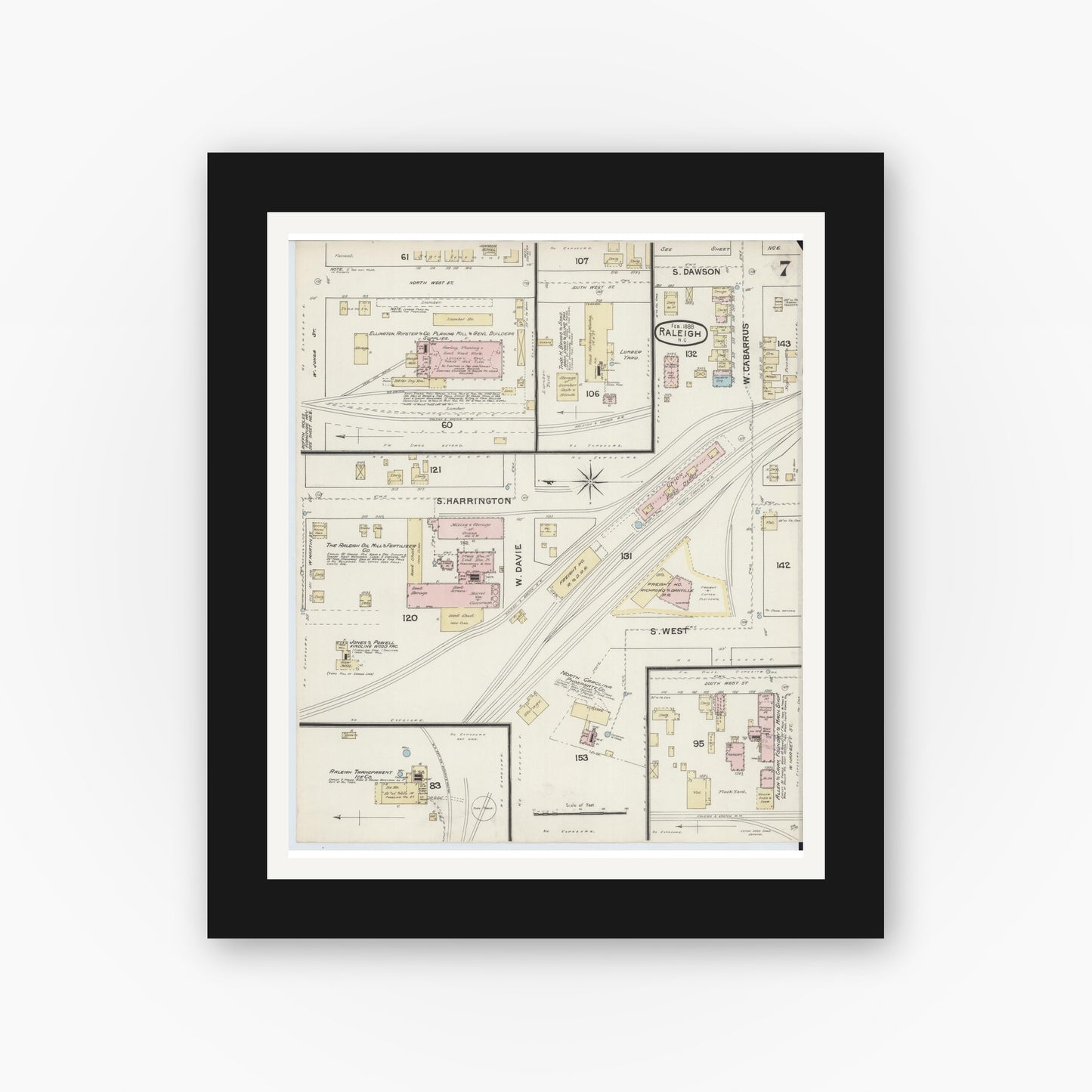 Old map wall art mockup — black gallery frame with white mat — Sanborn Fire Insurance Map from Raleigh, Wake County, North Carolina (1888), Sheet #0007