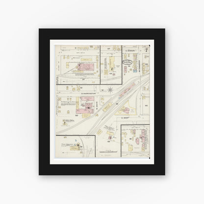 Old map wall art mockup — black gallery frame with white mat — Sanborn Fire Insurance Map from Raleigh, Wake County, North Carolina (1888), Sheet #0007