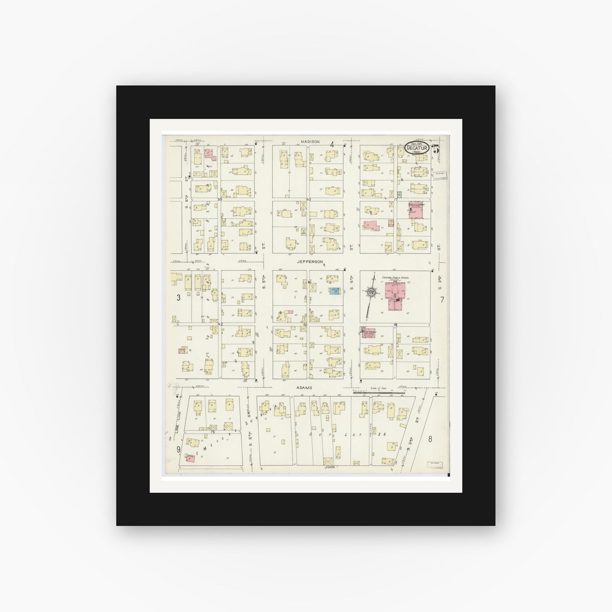Old map wall art mockup — black gallery frame with white mat — Sanborn Fire Insurance Map from Decatur, Adams County, Indiana (1914), Sheet #0005