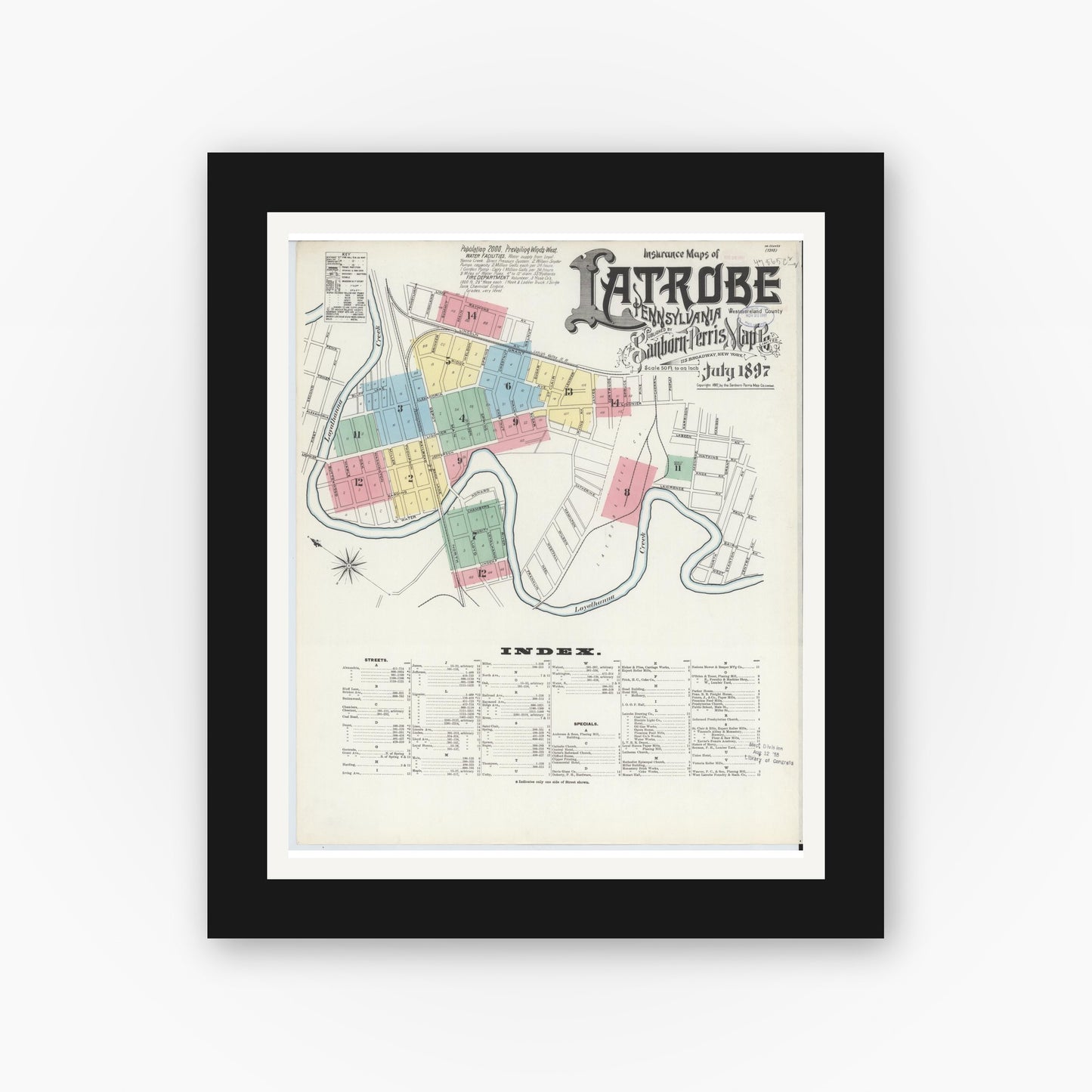 Old map wall art mockup — black gallery frame with white mat — Sanborn Fire Insurance Map from Latrobe, Westmoreland County, Pennsylvania (1897) - Complete Map Set
