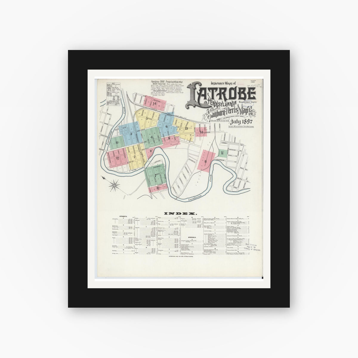 Old map wall art mockup — black gallery frame with white mat — Sanborn Fire Insurance Map from Latrobe, Westmoreland County, Pennsylvania (1897) - Complete Map Set