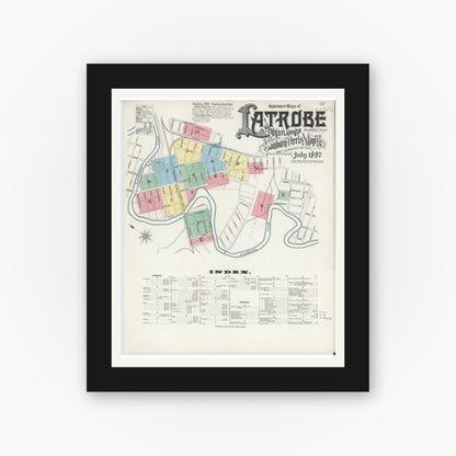 Old map wall art mockup — black gallery frame with white mat — Sanborn Fire Insurance Map from Latrobe, Westmoreland County, Pennsylvania (1897) - Complete Map Set